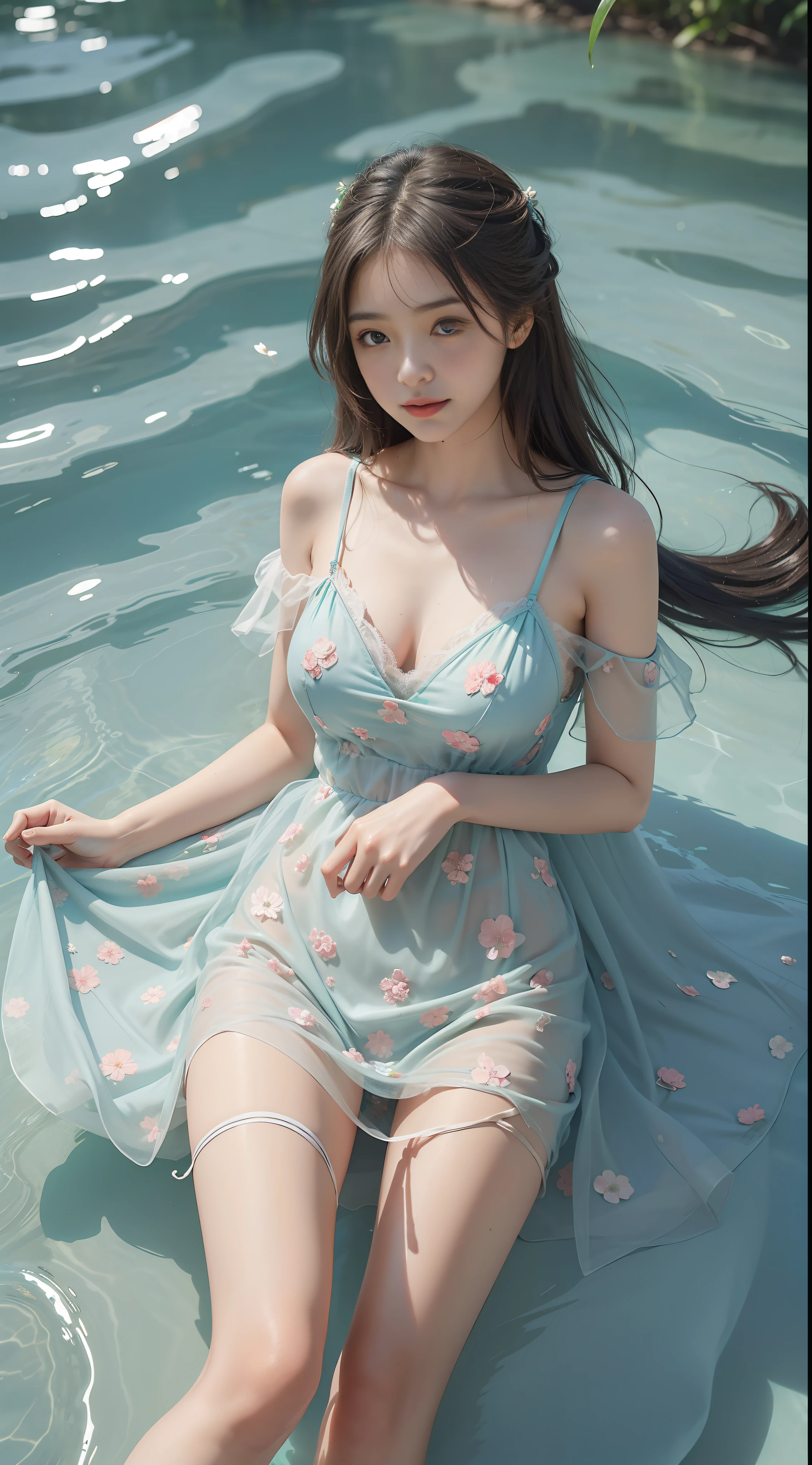 solo, 1girl of (20 yo), 20-year-old girl, young, (lips slightly open), light smile, (thighs), jin clothing, jinstyle, outdoors, (looking view viewer: 1.3), sheer, (light blush), delicate eyes, (complex: 1.05), tulle dress, translucent dress, floral dress, ((no panties)), (no bra)), beautiful movements, Light green lake water, hands in the water, (lying in the turquoise lake), legs apart, skirt floating on the water