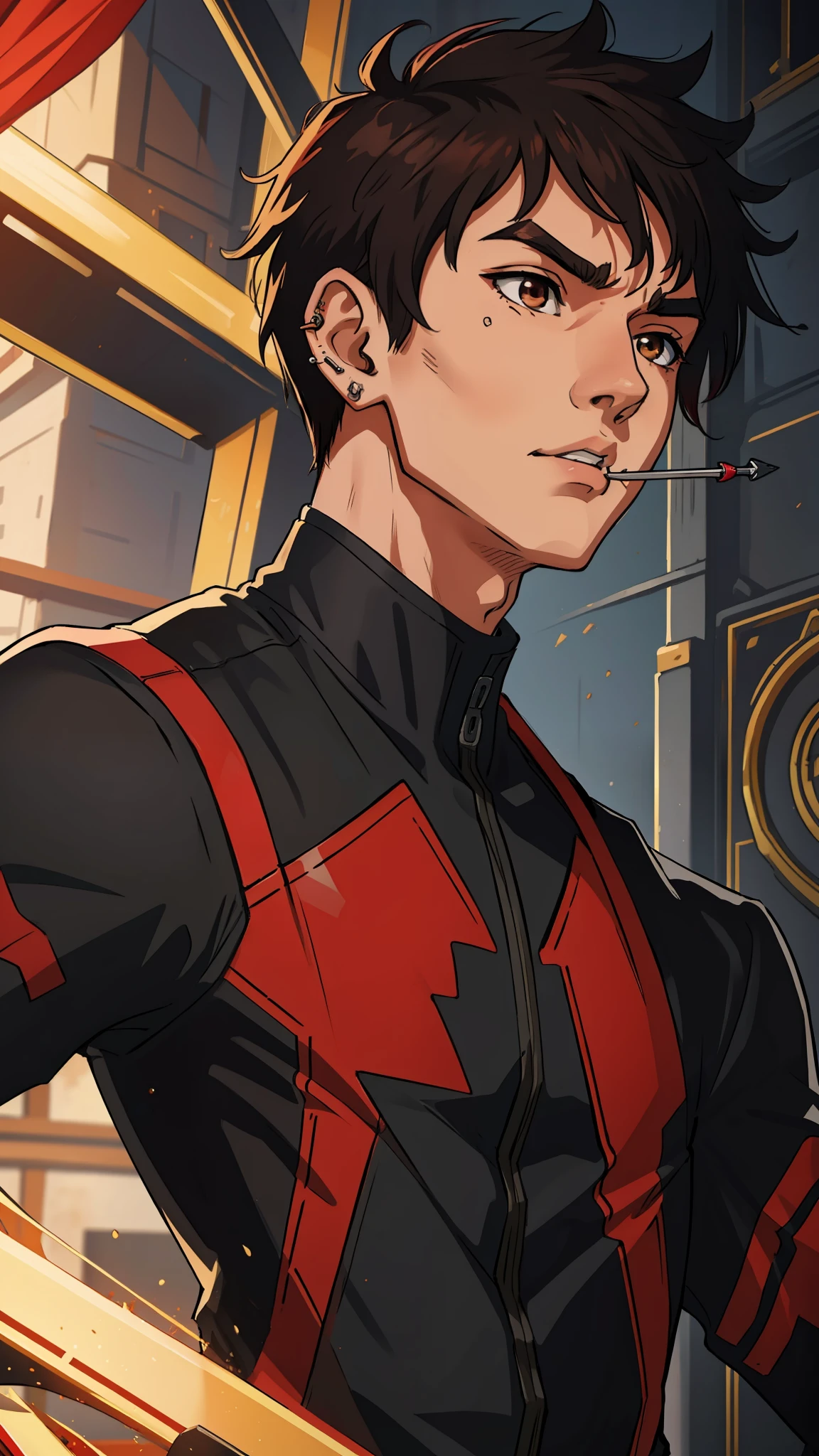 (masterpiece, best quality), intricate details, 8k, artstation, wallpaper, official art, splash art, sharp focus,
1boy, short hair half pointy, brown eyes, black hair with red locks, 
 Wearing a Boku No Hero Academia training suit, eyebrow and mouth piercing
UA Highschool in the background