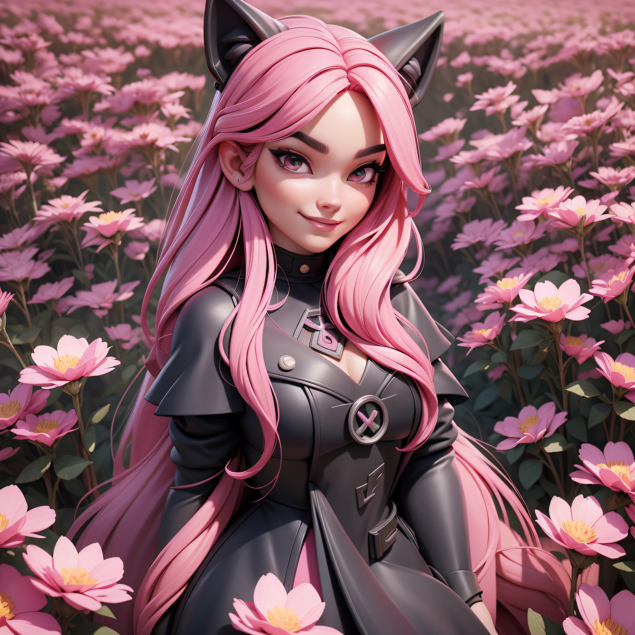 A very lustful young woman, beautiful face, very beautiful face, evil smile, evil, pink hair, long hair, with black clothes and pink details, with wolf cub, standing in the middle of a field of pink flowers, field of pink flowers. The illustration is a high-definition illustration in 4K resolution with highly detailed facial features and cartoon-style visuals.