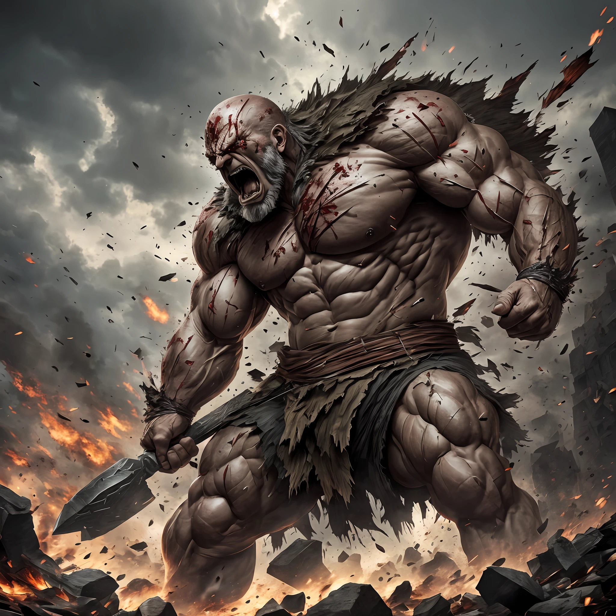 Old Giant Man Muscular Wide, Rage, Berserk, Wearing Torn Clothes, Battle Damage, Bleeding, Angry, Screaming, Fury, On the Battlefield, Realistic, Full HD, Best Quality