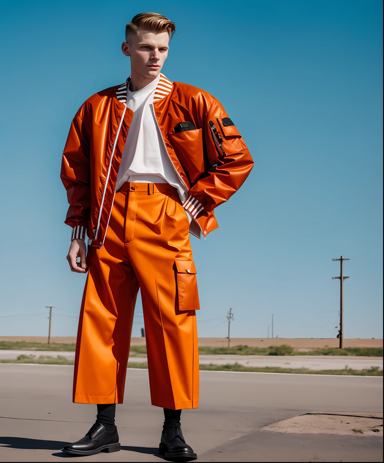 Still Photography, 1 20-year-old man, pale skin, balenciaga jacket, shaved hair, slim pants, bladerunner, orange tone, (cowboy view:1)
(35mmstyle: 1.1), front, masterpiece, (photorealistic: 1.3), high frequency details, 35mm film, (film grain), film noise, cinematic lighting, daylight, solar lighting, menswear editorial photo, abandoned house background