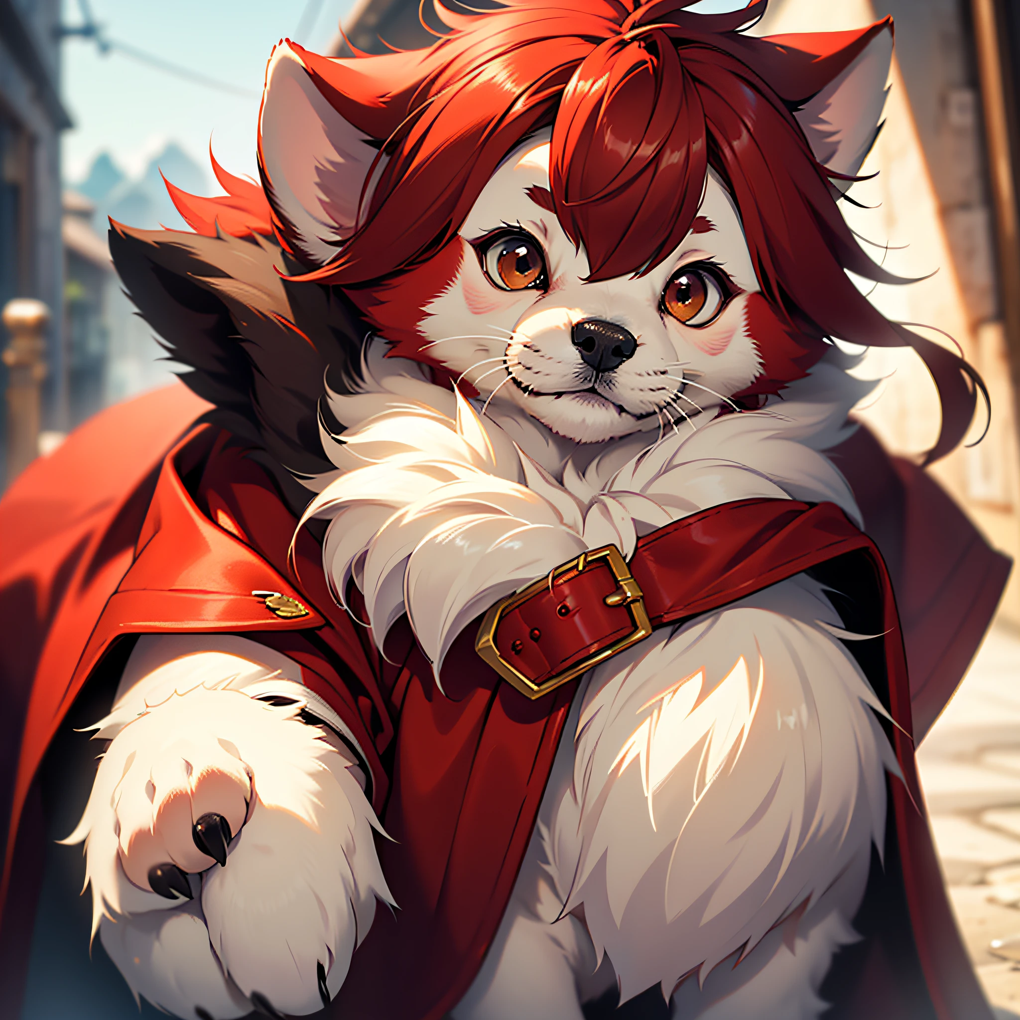 (masterpiece) best quality cute puppy, (gorgeous coat:red fur:1.2+white fur), adorable face, sweet expression, natural lighting, blurry background.