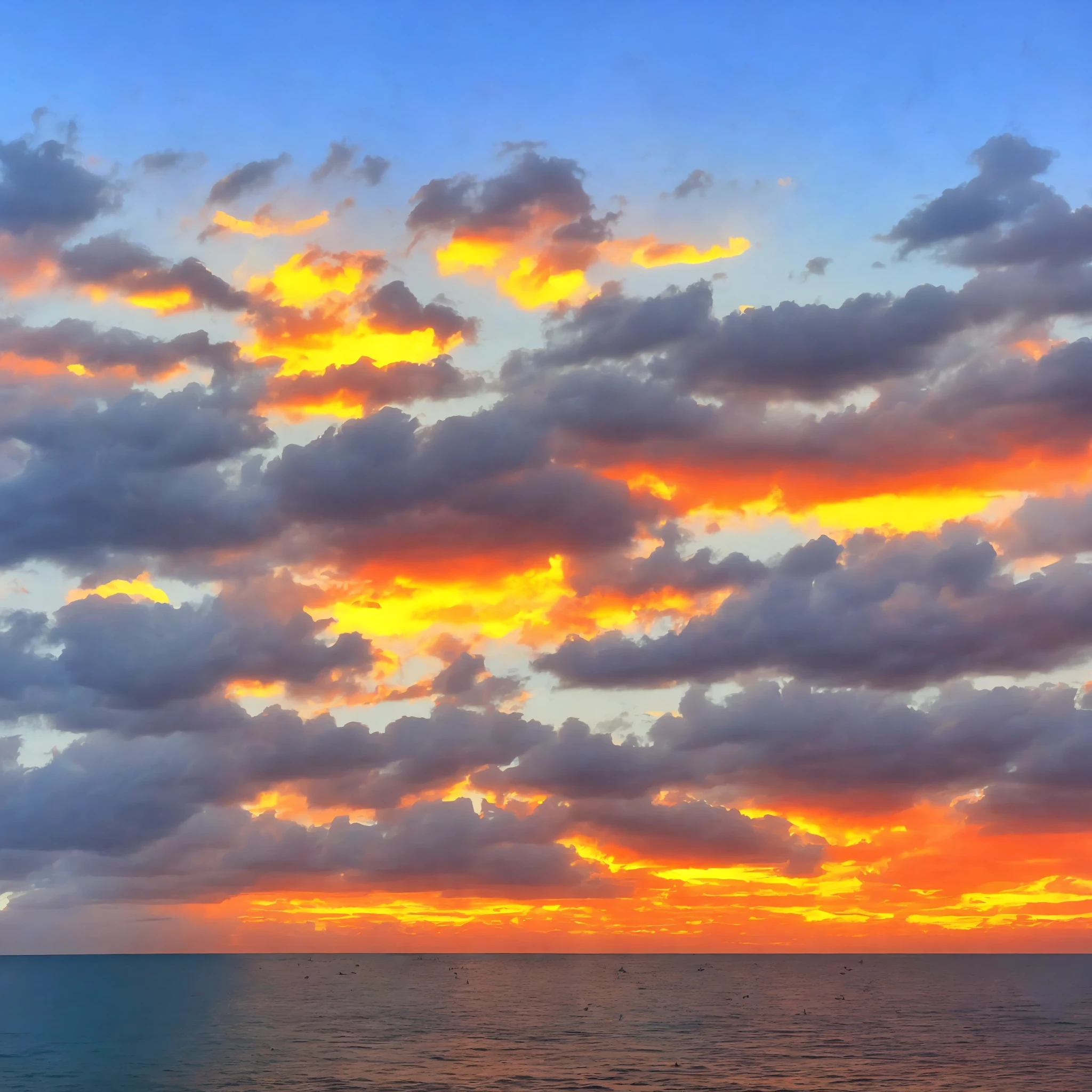 An absolutely mesmerizing sunset on the beach, with a mix of orange, pink, and yellow in the sky. The water is crystal clear, gently kisses the coast, and the white sand is endless. The scene is dynamic and breathtaking, with seagulls soaring high in the sky and palm trees swaying softly. Immerse yourself in the calm atmosphere and let the serenity surround you.