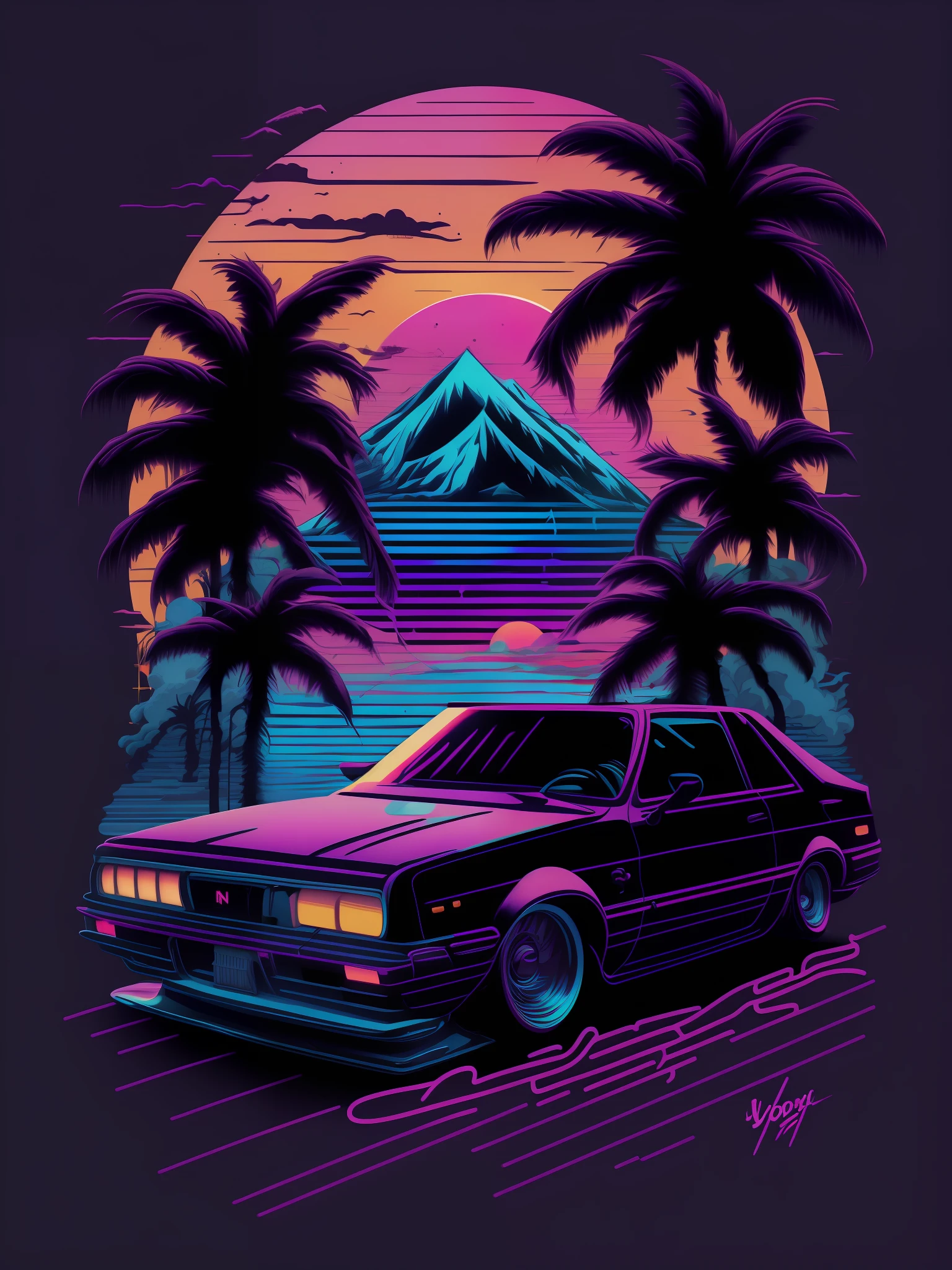 A car in front of the sunset, vaporwave style, neon style, smooth lines, vector sticker art, vector core, intricate details, black t-shirt design, 8K