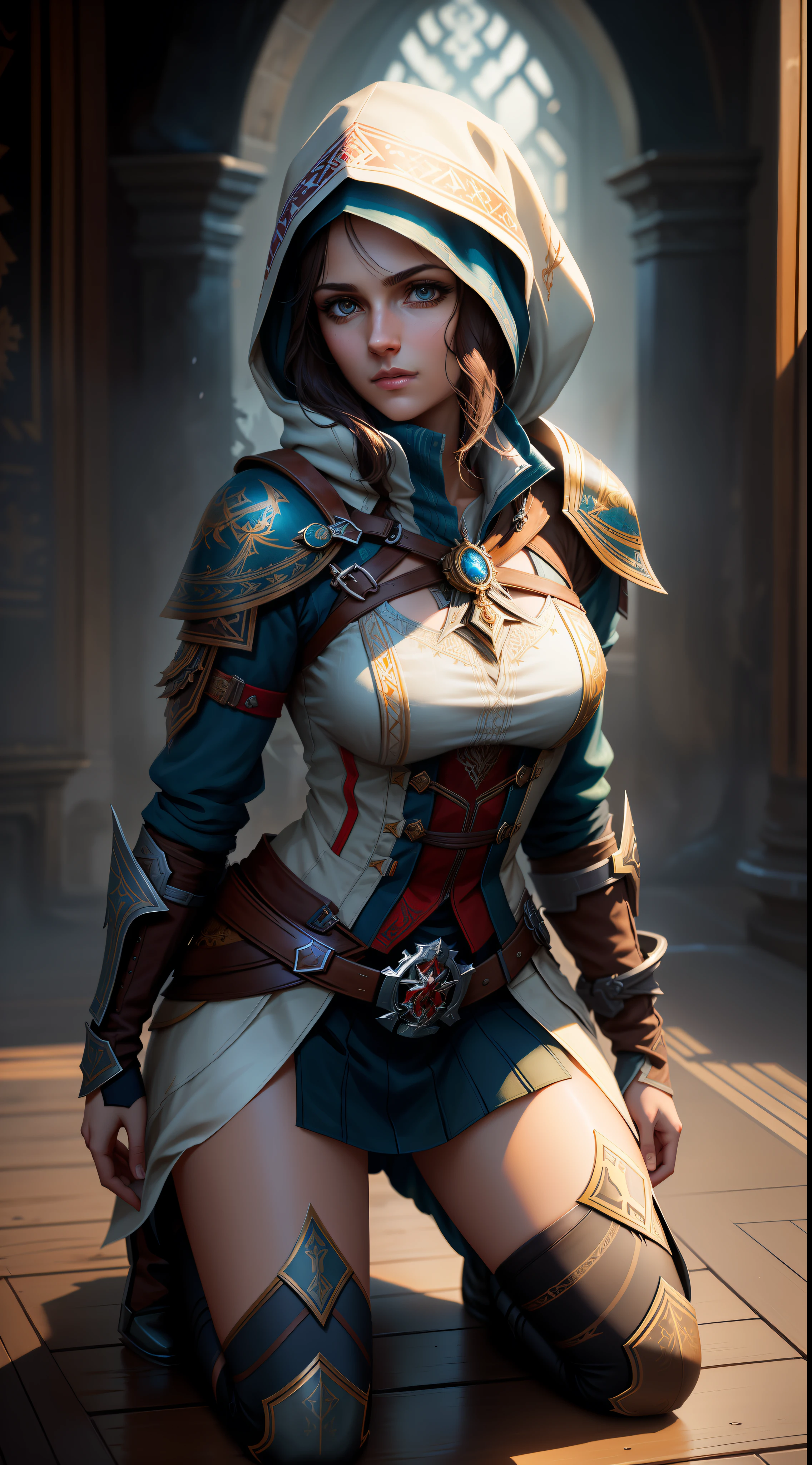 Altair medium female full shot of Assassin's Creed, detailed symmetrical hazelnut eyes, beautiful detailed face, (((kneeling)))), in the style of artists such as Russ Mills, Darek Zabrocki, Ivan laliashvili, Jean-Baptiste Monge. Water-dropped ink, splash drips, paper texture, manga paste and perfect shading, with dramatic lighting. The artwork should be centralized, stylized, and elaborate. TanvirTamim. rendered in 8K resolution for high-quality detail, artstation, concept art, smooth and sharp focus, illustration, highly detailed smooth natural volumetric cinematic light, intricate art masterpiece