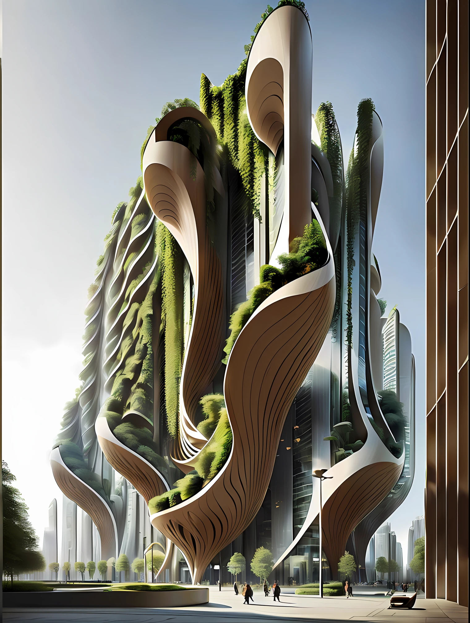 A tall building in a futuristic city designed by Zaha Hadid, a futuristic building, a modern building, sidewalks around the building, imagination, a fusion between the future and the past, hanging gardens, the hanging gardens of Babylon, sustainability, future technology, architectural creativity, new culture, self-sufficiency, the golden ratio, a beautiful building in the middle of the image, a blurry background, one building, spread, natural colors, calm colors, masterpiece, art, better resolution