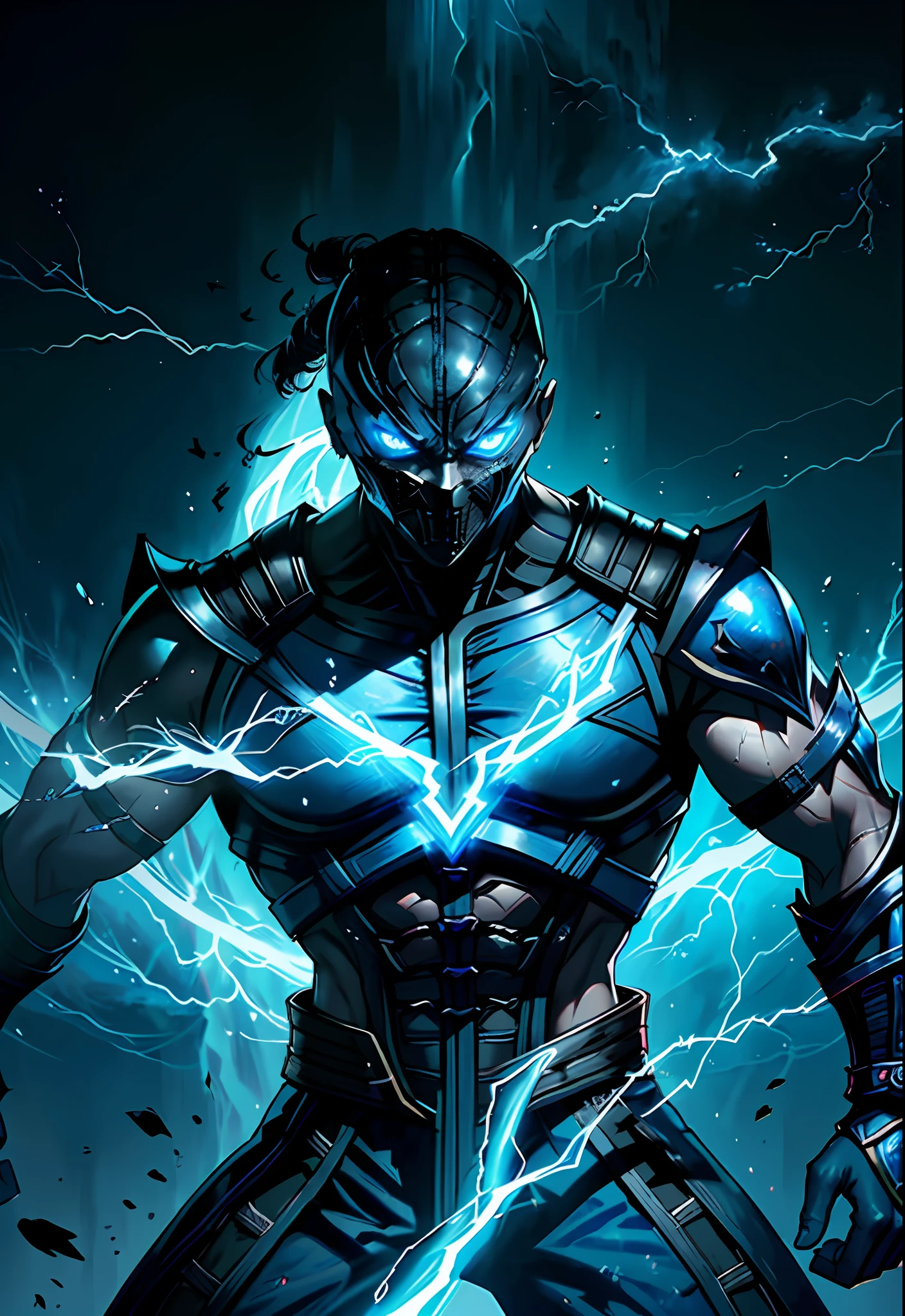 ((Mortal Kombat "Ashrah", his hand darkened, locked in deep thought, vibrant blue eyes reflecting lightning and thunder in the background))
