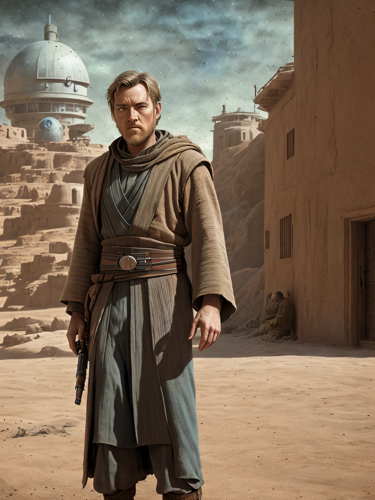 Obi Wan, angry Tatooine street, realistic epic, photo, faded, complex things around, intricate background, soaked, neutral colors, ((((HDR)))), ((((soft colors)))), intricate scene, art station, intricate details, vignette