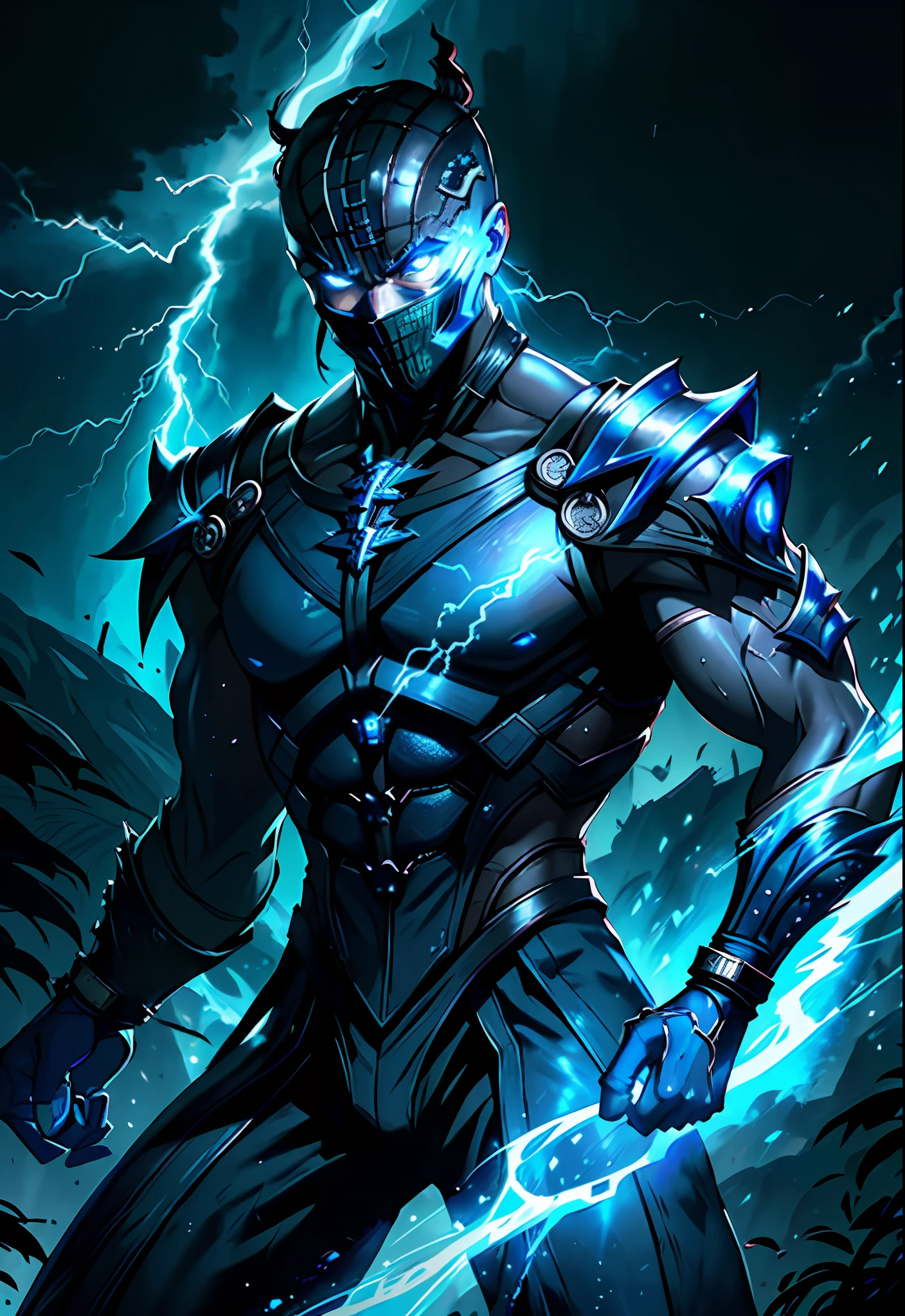 ((Mortal Kombat "Ashrah", his hand darkened, locked in deep thought, vibrant blue eyes reflecting lightning and thunder in the background))