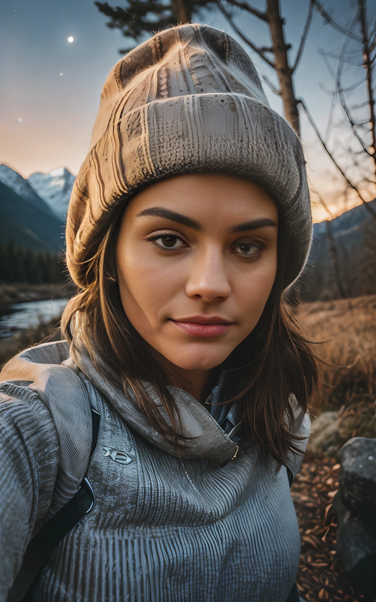 1 woman ((upper body selfie, happy)), masterpiece, best quality, ultra-detailed, solo, outdoors, (night), mountains, nature, (stars, moon) cheerful, happy, backpack, sleeping bag, camping stove, water bottle, mountain boots, gloves, sweater, hat, flashlight, forest, rocks, river, wood, smoke, shadows, contrast, clear sky, analog style (look at viewer:1.2) (skin texture) (film grain:1.3), (warm hue, warm tone:1.2), close up, cinematic light, sidelighting, ultra high res, best shadow, RAW, upper body, wearing pullover
