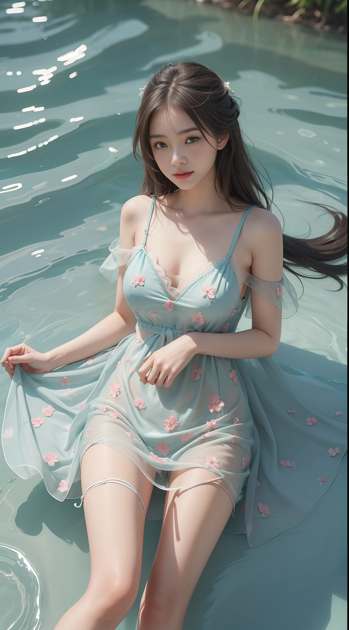 solo, 1girl of (20 yo), 20-year-old girl, young, (lips slightly open), light smile, (thighs), jin clothing, jinstyle, outdoors, (looking view viewer: 1.3), sheer, (light blush), delicate eyes, (complex: 1.05), tulle dress, translucent dress, floral dress, ((no panties)), (no bra)), beautiful movements, Light green lake water, hands in the water, (lying in the turquoise lake), legs apart, skirt floating on the water
