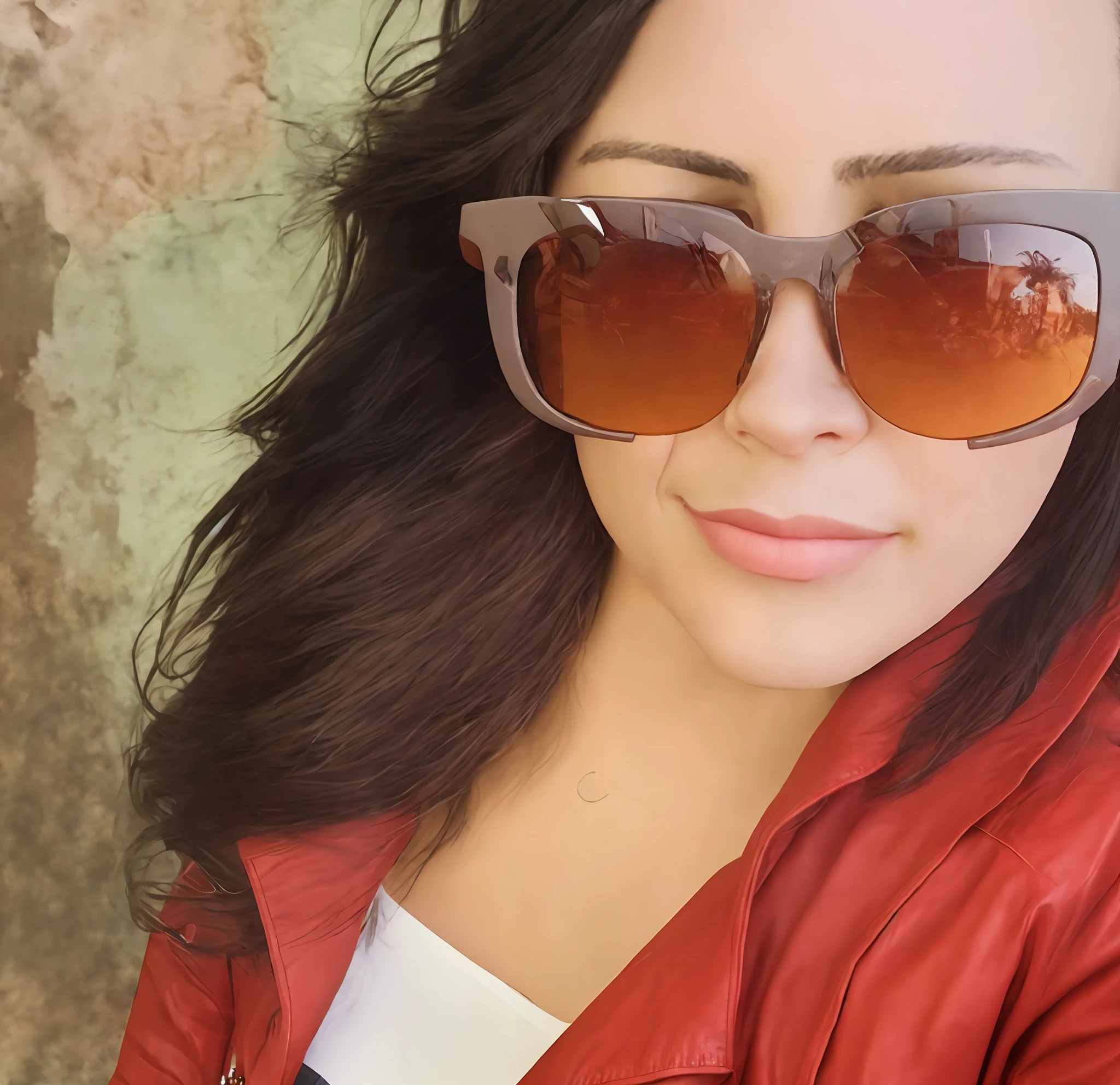 Araffe woman wearing sunglasses and a red jacket posing for a photo, with sunglasses, profile picture, with sunglasses, in the sun, profile photo, red sunglasses, in sunglasses, wearing red glasses, Fernanda Suarez, Lorena Avarez, with the sun shining on him, wearing orange sunglasses, red leather jacket,  designer sunglasses, image style gta san andreas
