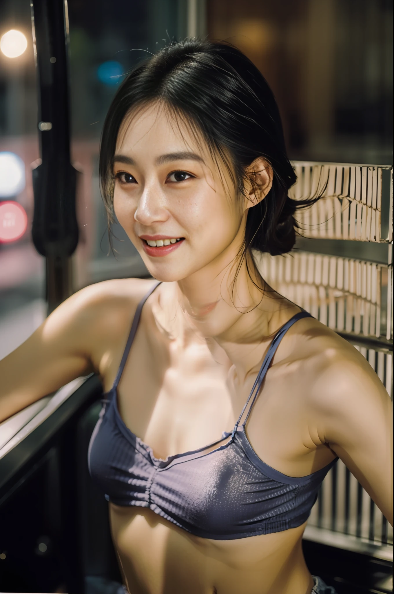 1girl, idol, model, depth of field, photo, film, face, skinny, smile, collarbone, teeth, movie, camisole, selfie, night,