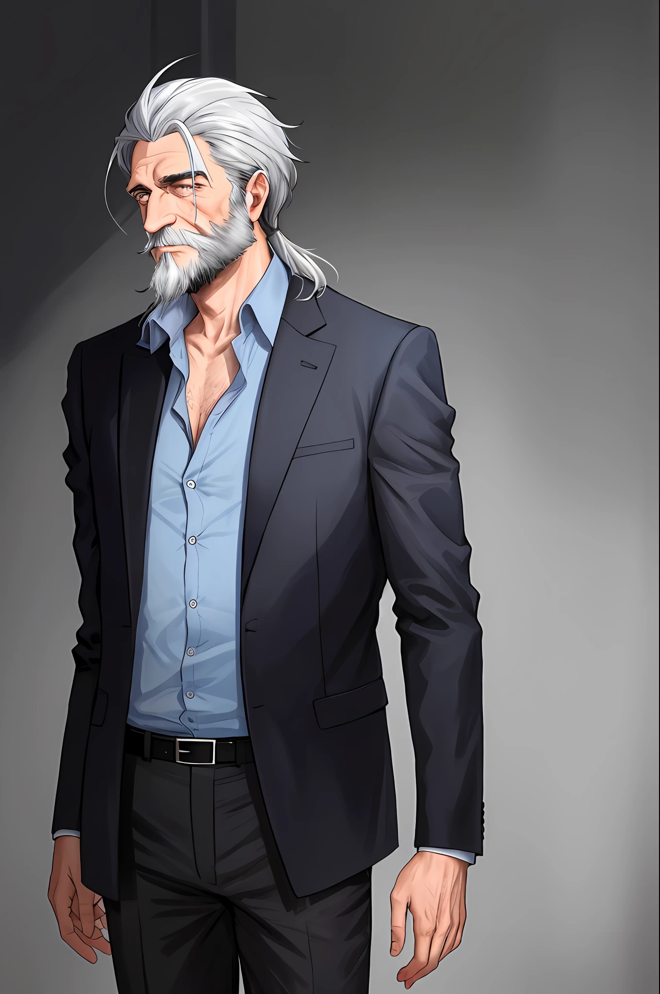 1 ill-dressed man, wearing a faded blue shirt, long-sleeved, with black sleeves, crumpled black blazer, black pants, gray hair around the ear, a little long and disheveled, relatively long beard, dry skin and with wrinkles bumpy in the contours of the eyes and the creases of the face, between thirty and forty years, happy