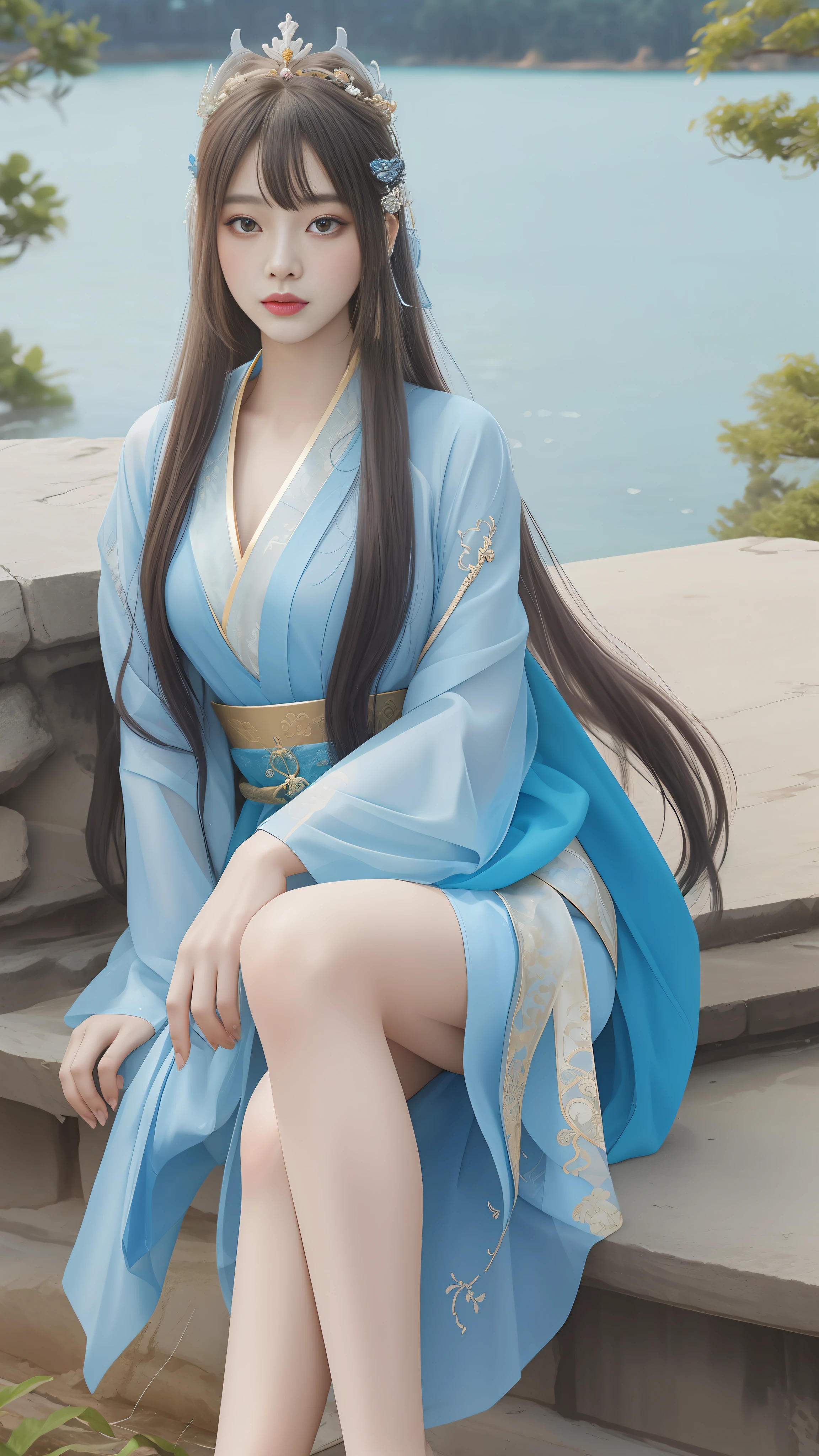 Arapei woman in blue dress sitting on a stone platform, palace, Hanfu girl, flowing hair and robes, full body fairy, wearing ancient Chinese costumes, beautiful fantasy queen, tulle material clothes, with ancient Chinese clothing, Hanfu, white Hanfu, inspired by Lan Ying, inspired by ancient Chinese princess Qiu Ying