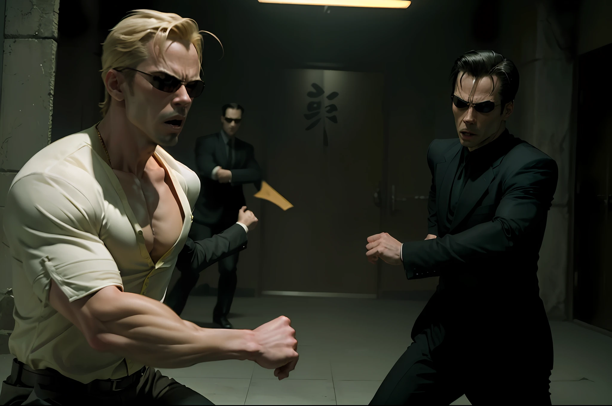 (((kung fu))) ,((best quality)), ((masterpiece)), (detailed), (((suit))) fan art of evil man, there are two people fist fighting, evil looking blond GUY PEARCE face, blond GUY PEARCE in a suit with square sunglasses close up, blond GUY PEARCE in a suit angry, blond GUY PEARCE in a suit with squared sunglasses, square sunglasses, the matrix (1999), square sunglasses, night, 80mm, ((western animation)), (neo the matrix (1999)), (short hair), ((combat)), (((kung fu)))