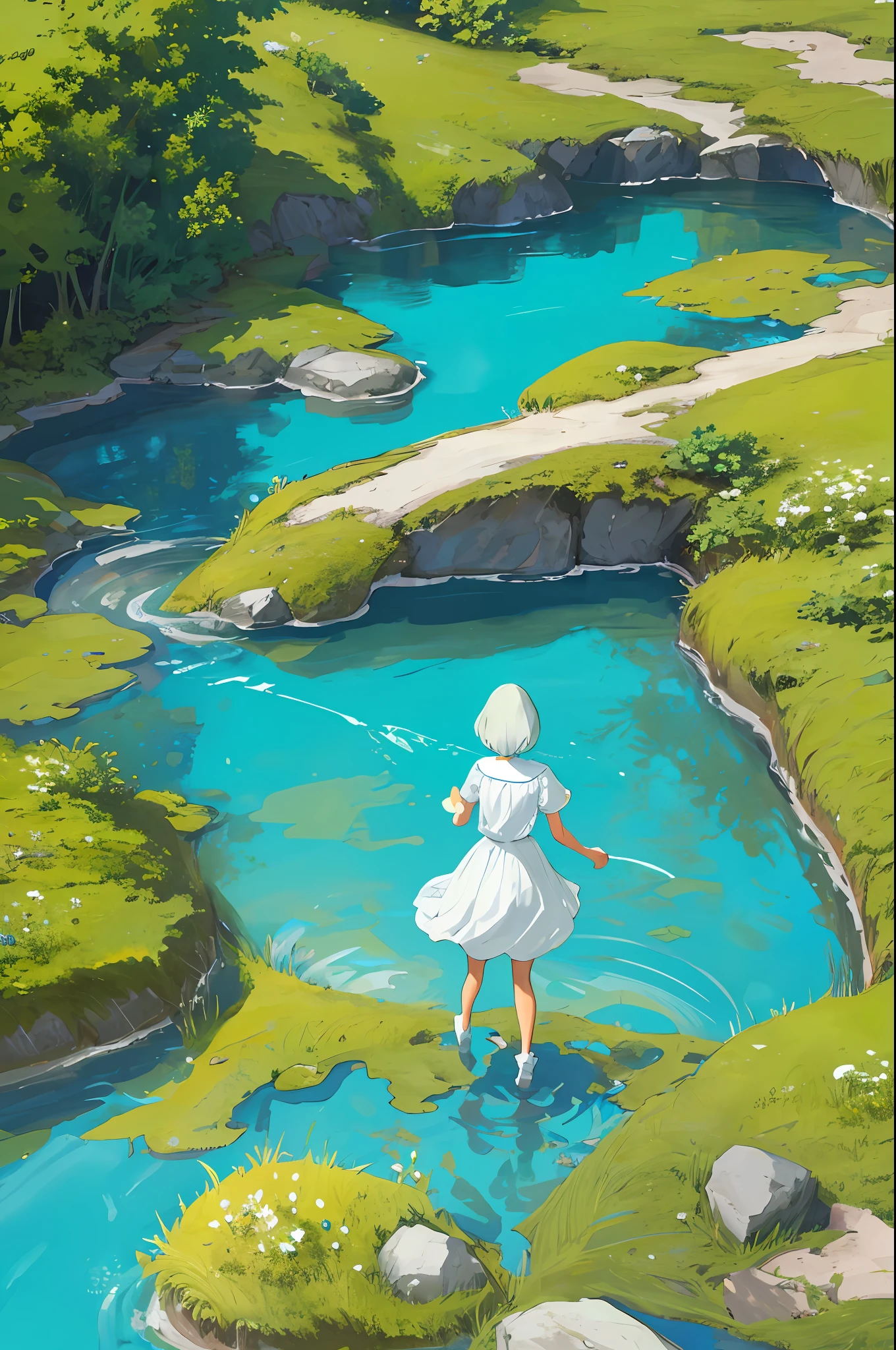 In the idyllic park, a girl ventures amidst the beauty of nature. As she walks, a crystal clear river meanders through the scenery, mirroring the blue sky above. On the riverbank, picturesque houses frame the landscape, with their sloping roofs and flowering gardens. The girl stops for a moment to absorb the tranquility of the place, contemplating the harmony between water, vegetation and human constructions. The image conveys a sense of peace and serenity. Sculpture, modeled clay