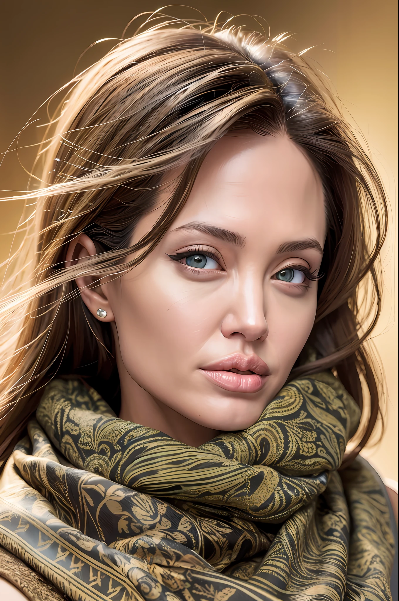 High definition picture quality, 8k photo, intricate details: 1.2, cinematic lighting, Angonean American actress, Angelina Jolie, Louis Vuitton scarf - Italia, , , , , , --Q 1, DSLR --v 6 --s2