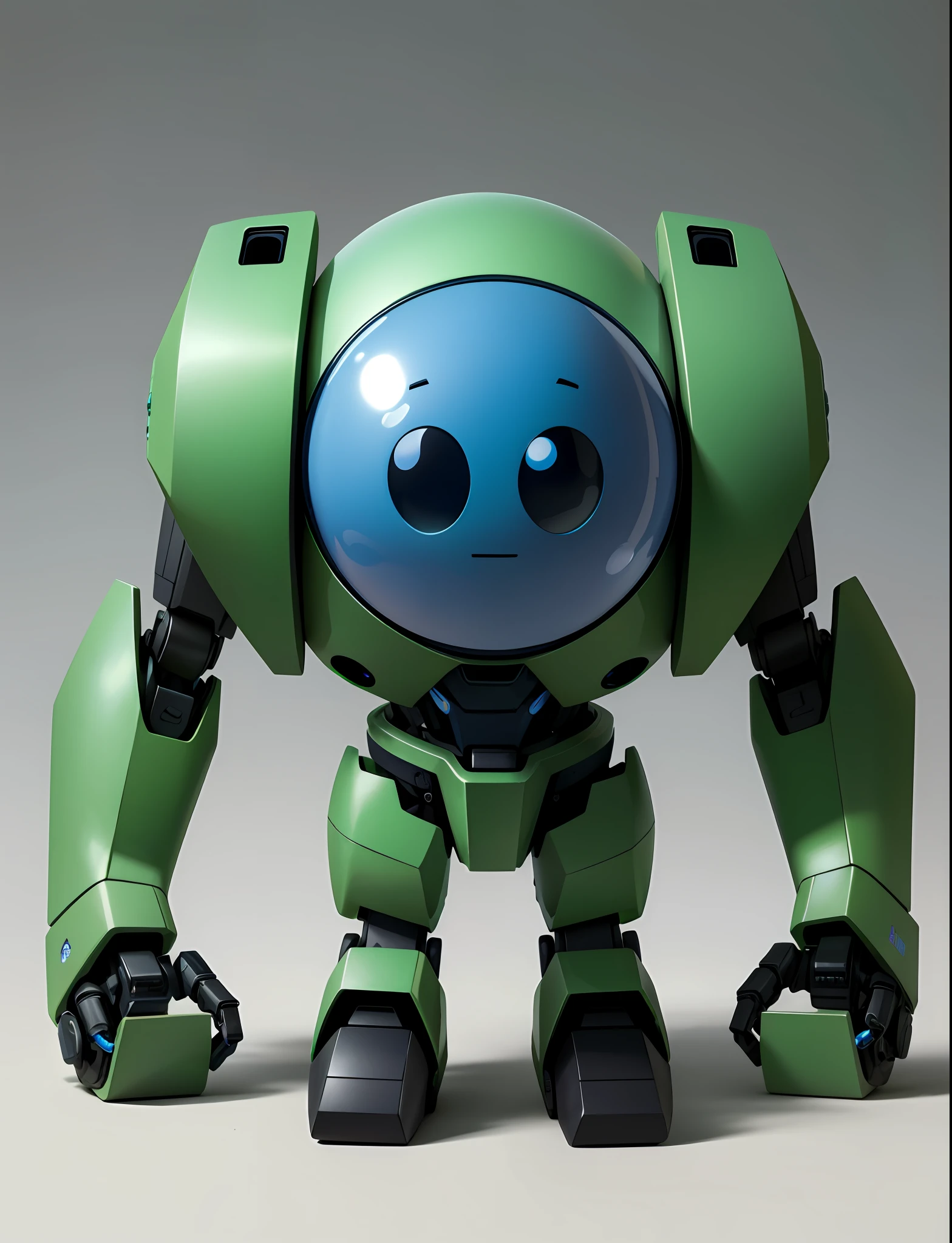 Blue high-tech face robot, front image, simple and round shape, cute, affinity, say hi, background blue-green tone