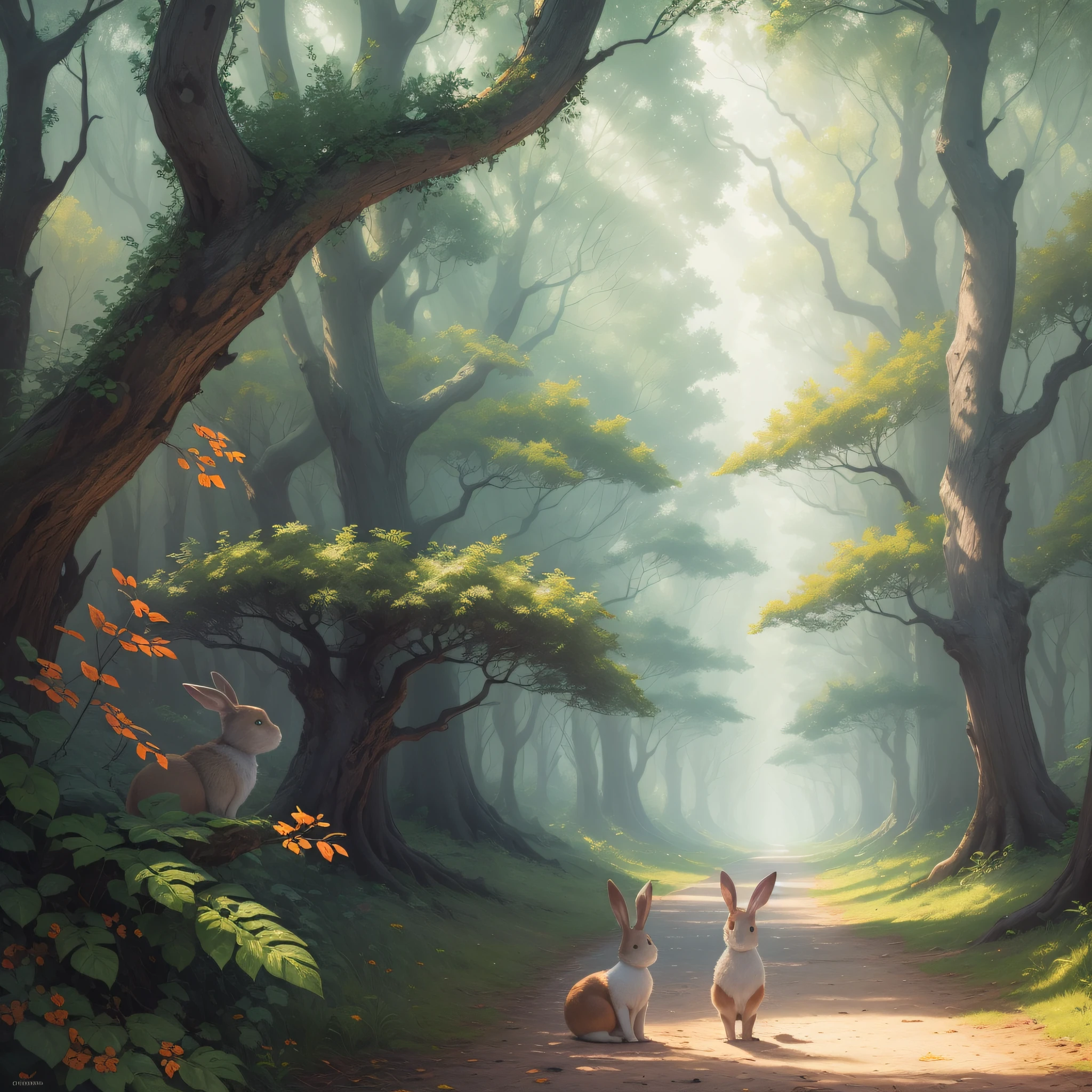 (best quality,masterpiece),a magnificent scenery,detailed trees with many branches and leaves,with many cute rabbits,quite vivid and colorful,attractive and contrasting lighting,a magical and mysterious environment,all details carefully worked,advanced technique,strong and natural emotions.