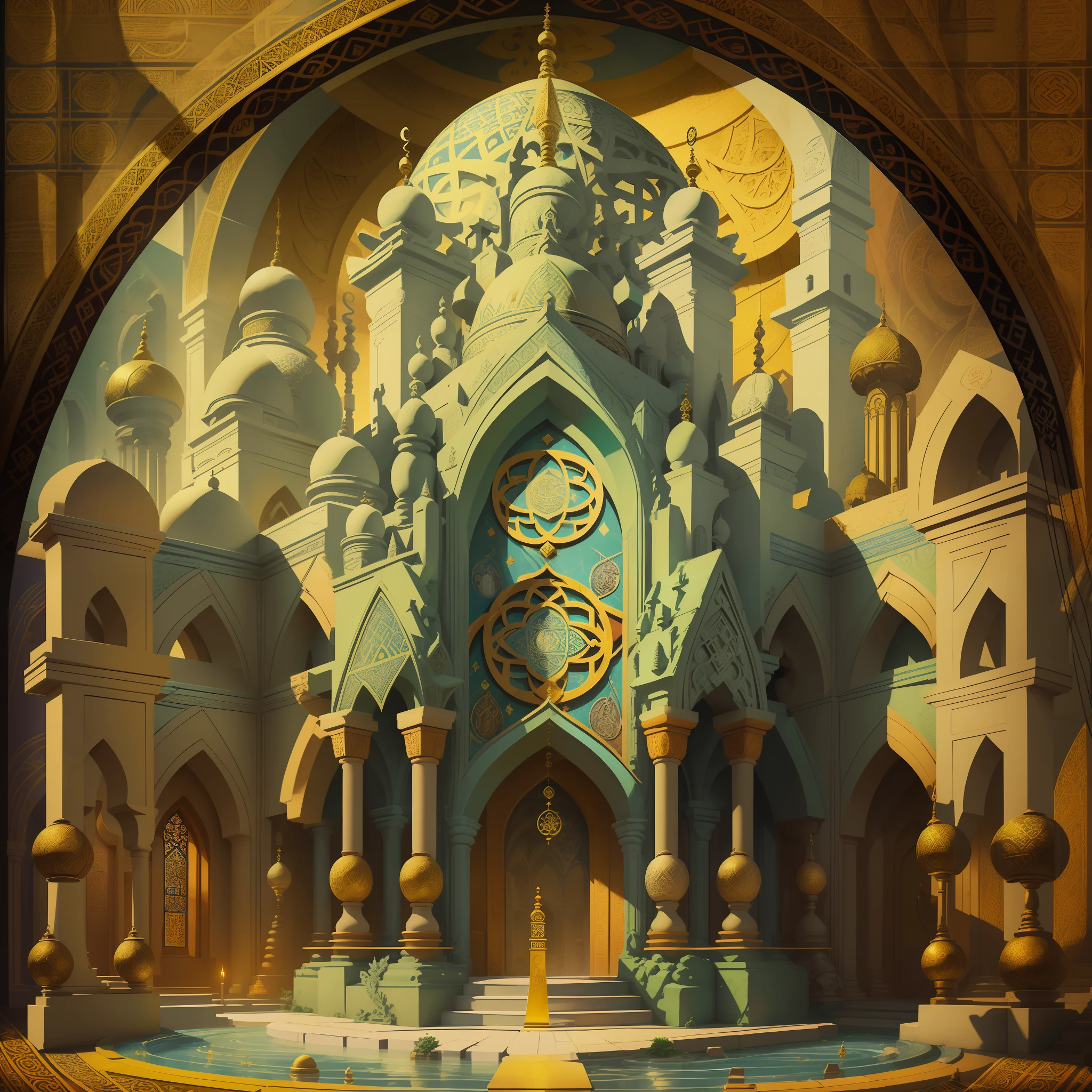 In this image, a unique temple is depicted, combining architectural elements from several different religions. The building features distinctive features of different religious traditions such as Islamic arches, Christian stained glass windows, Buddhist statues and Hindu symbols. This fusion of religious styles and symbols seeks to convey the idea of a harmonious union between the various faiths and the search for peaceful coexistence. This innovative image underscores the importance of interfaith dialogue and religious tolerance in a pluralistic world.