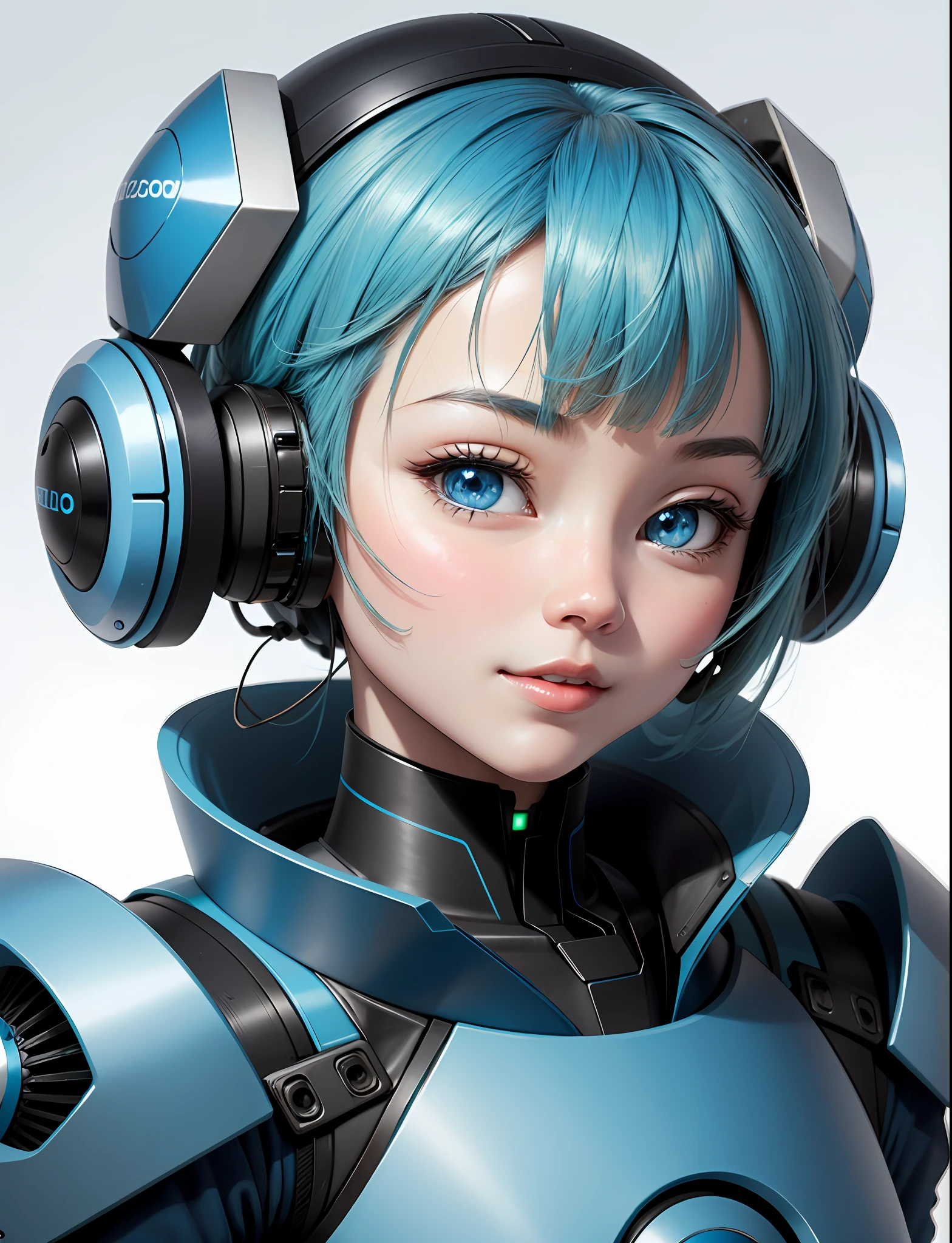 Blue high-tech face robot, front image, simple and round shape, cute, affinity, say hi, background blue-green tone