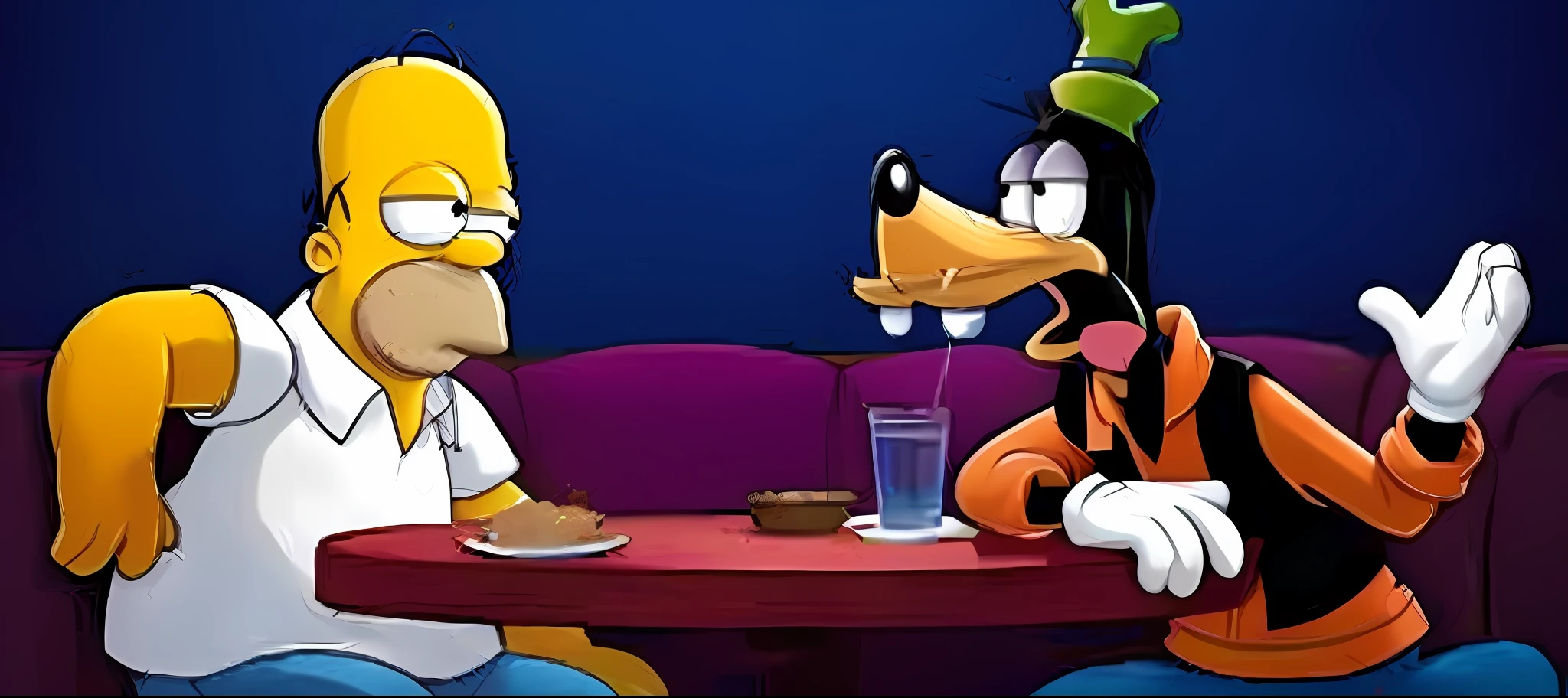 cartoon characters sitting at a table with a glass of water, daffy duck, goofy, goofy cartoon, 🦩🪐🐞👩🏻🦳, having an awkward dinner date, loony toons style, as if homer simpson came to life, loony toons, cartoon still, the simpsons, animated cartoon series, catdog, high quality upload --auto --s2
