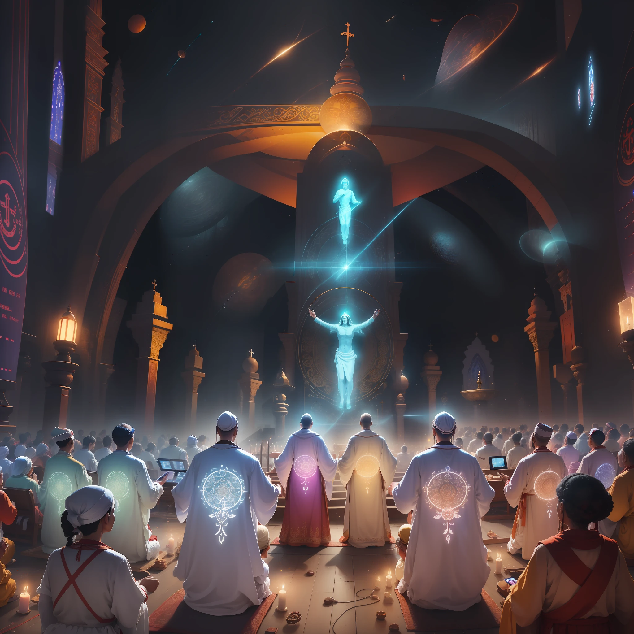 In this image, a religious ceremony is depicted in a digital and technological environment. People are gathered virtually in a digital space, each represented by personalized avatars. The atmosphere is filled with vibrant colors and visual effects, while sacred music and chants echo through digital speakers. This groundbreaking image captures the adaptation of religious practices to modern technologies, demonstrating how spirituality can transcend physical boundaries.