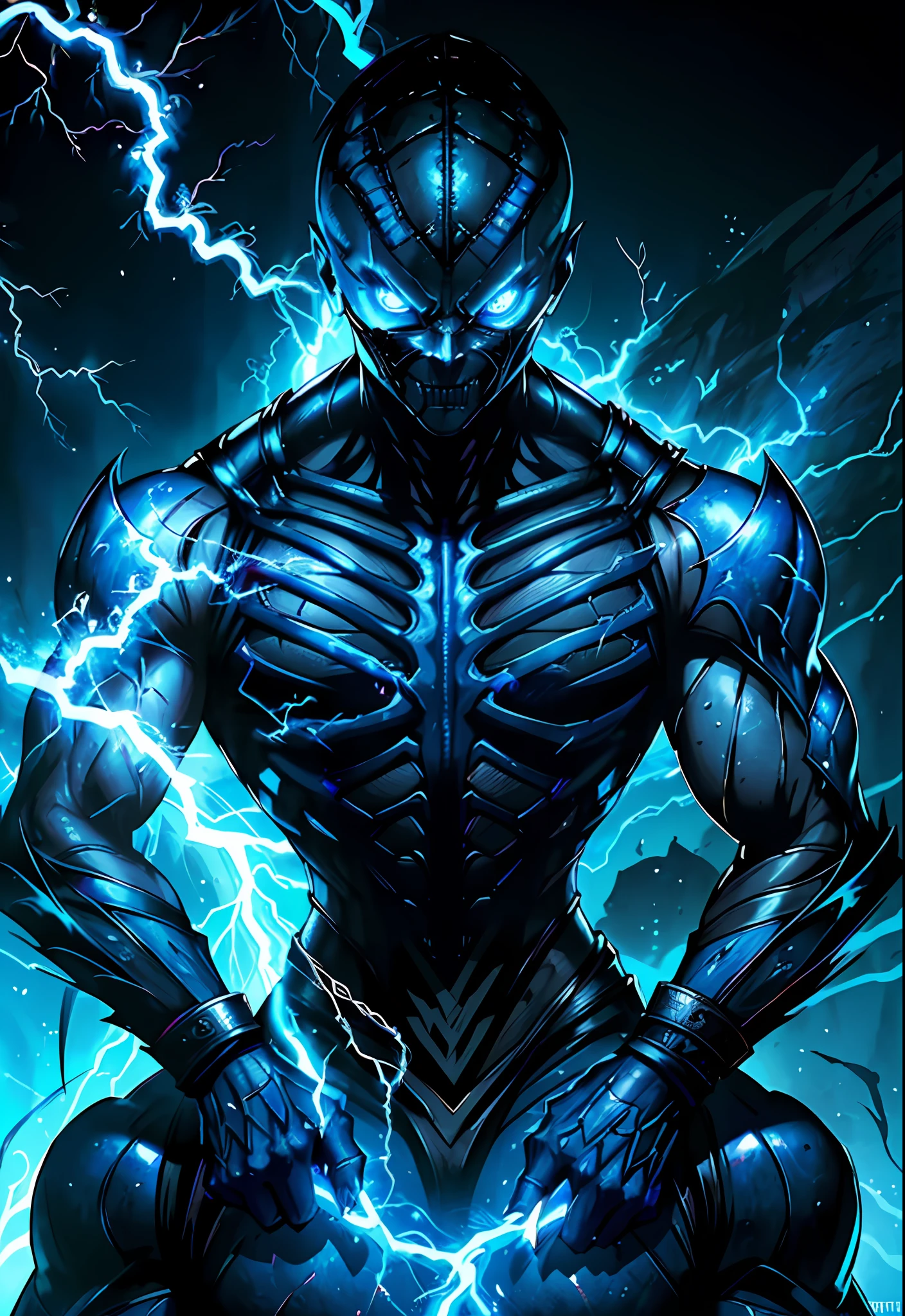 ((Mortal Kombat "D'vorah", his hand darkened, locked in deep thought, vibrant blue eyes reflecting lightning and thunder in the background))