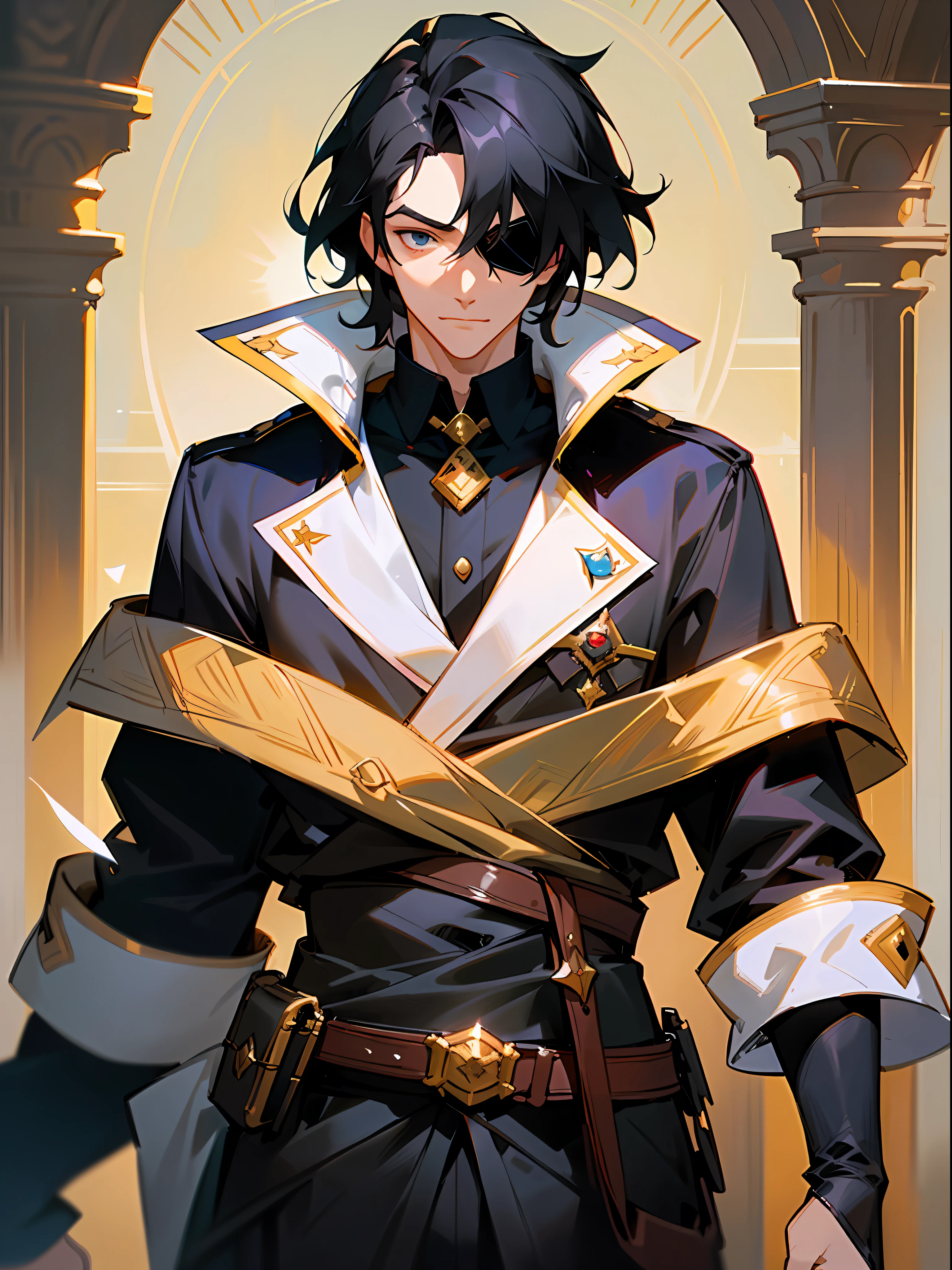 A portait of black haired man, handsome young black haired man, eyepatch, looking at the camera, wearing fantasy regal outfit, beautifull painting, art style by krenz ccushart, krenz cushart artwork, beautifull sun lighting, (masterpiece quality),