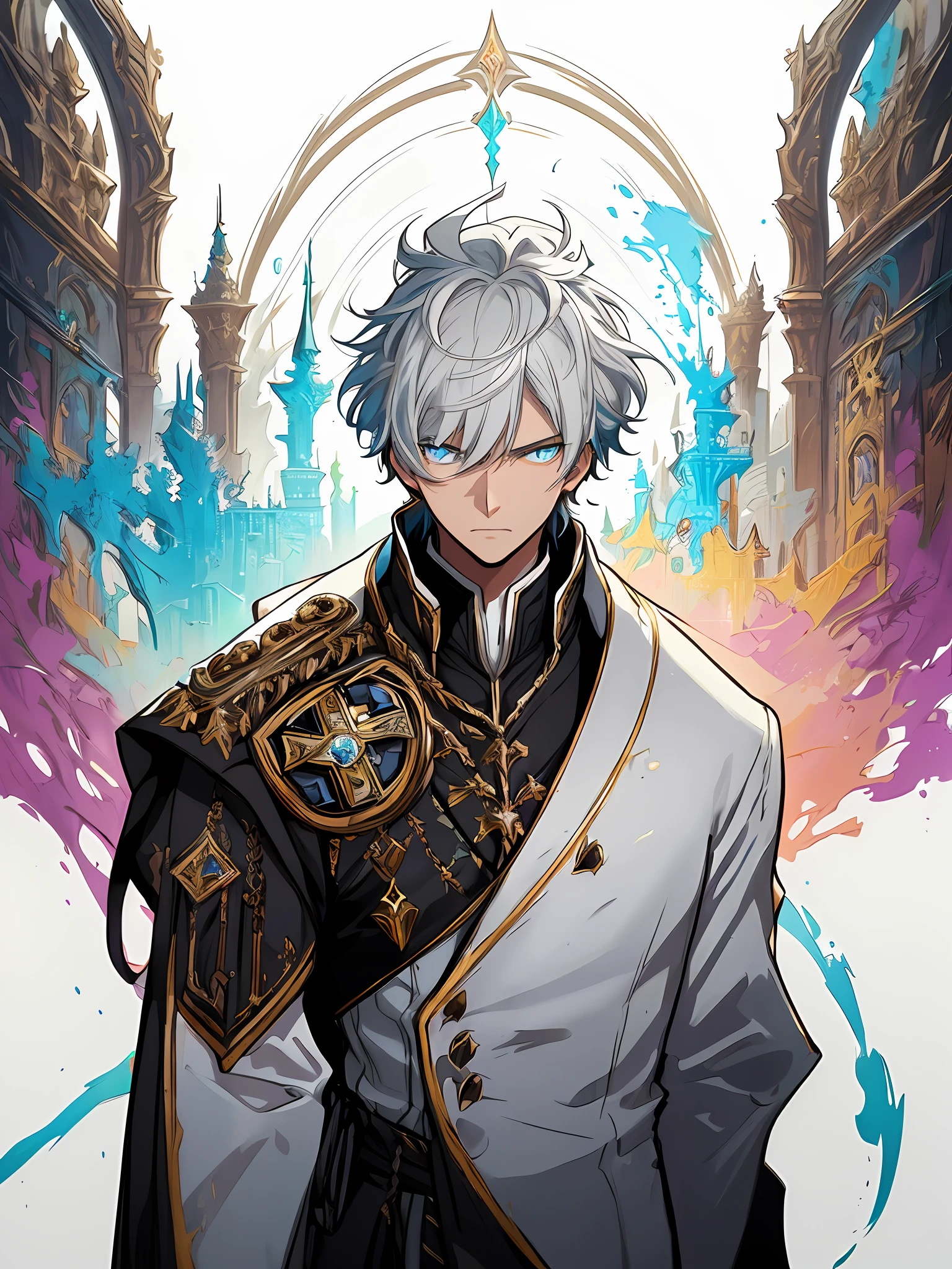 An image of noble prince, clean design, epic instagram, artstation, colorful paint splatter, silhouette, hyper detailed intricate details, unreal engine, fantasy, intricate details, splash screen, complementary colors, Fantasy concept art, 8k resolution, deviantart masterpiece, oil painting, heavy strokes, paint dripping, (isolated on white background: 1.3), rainbow skin, (((handsome young man))), ((teenage:1.5) ), (glowing blue eyes), ((light eyes)), ((((short white hair: 1.1))), ((black clothes)), (prince\\(indifferent expression\\),, ( ((Wears high detail luxurious regal attire))), white hair, (chest) --v 6