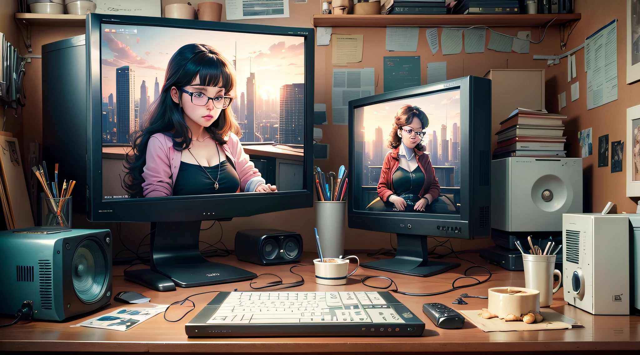 film still, tv switer, 2080s sitcom style, 2 computer monitors, unpainted, sophisticated, symbolic --auto --s2