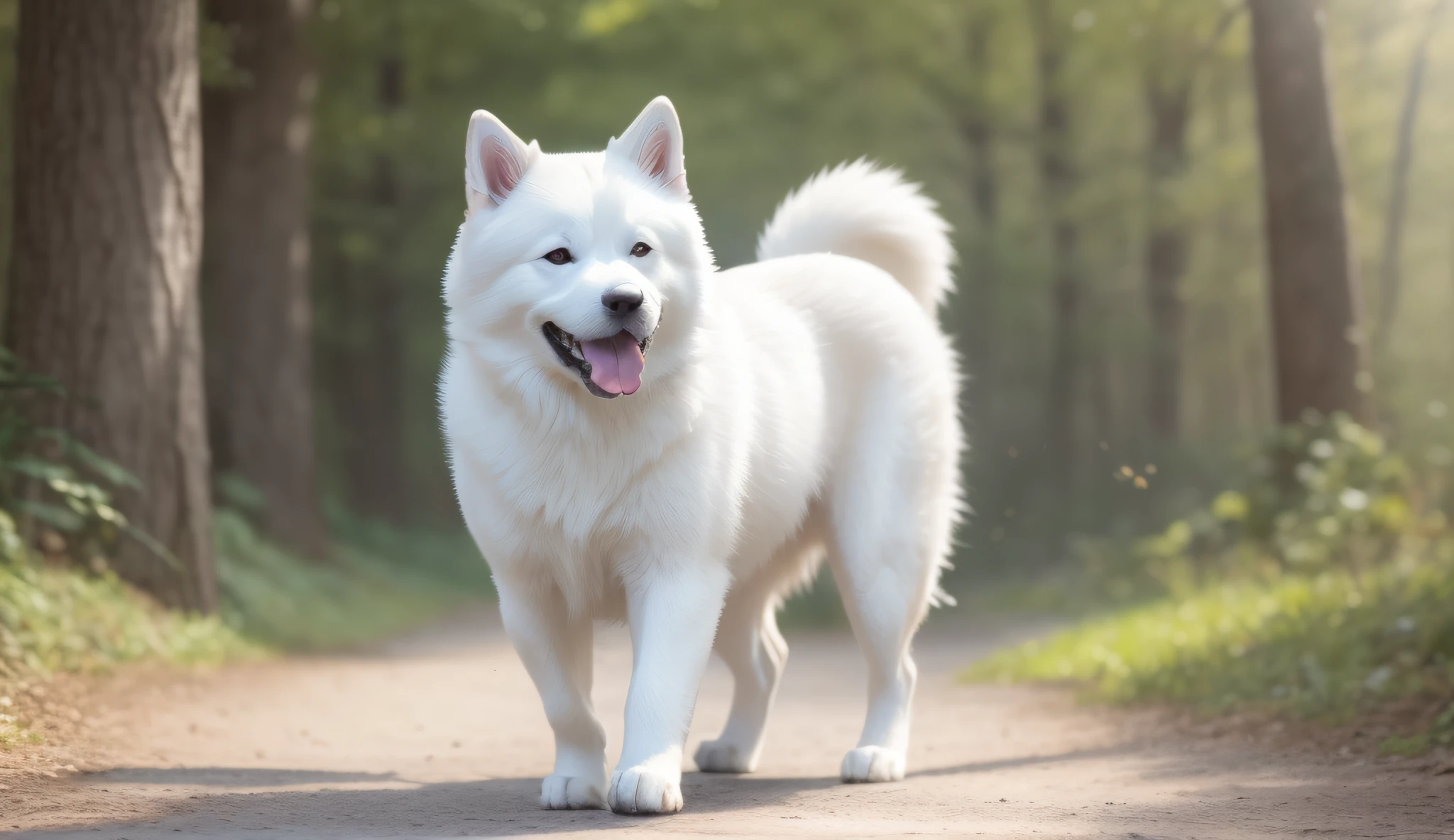 a whole white akita dog (((SOLO))) , looking forward, well detailed watercolor background, sharp focus, very detailed tail, details, rich colors, high contrast, perfect light and shadow, special film effects, ray tracing, Tyndall effect, high definition quality, detailed description, fine texture, complex details, --s100