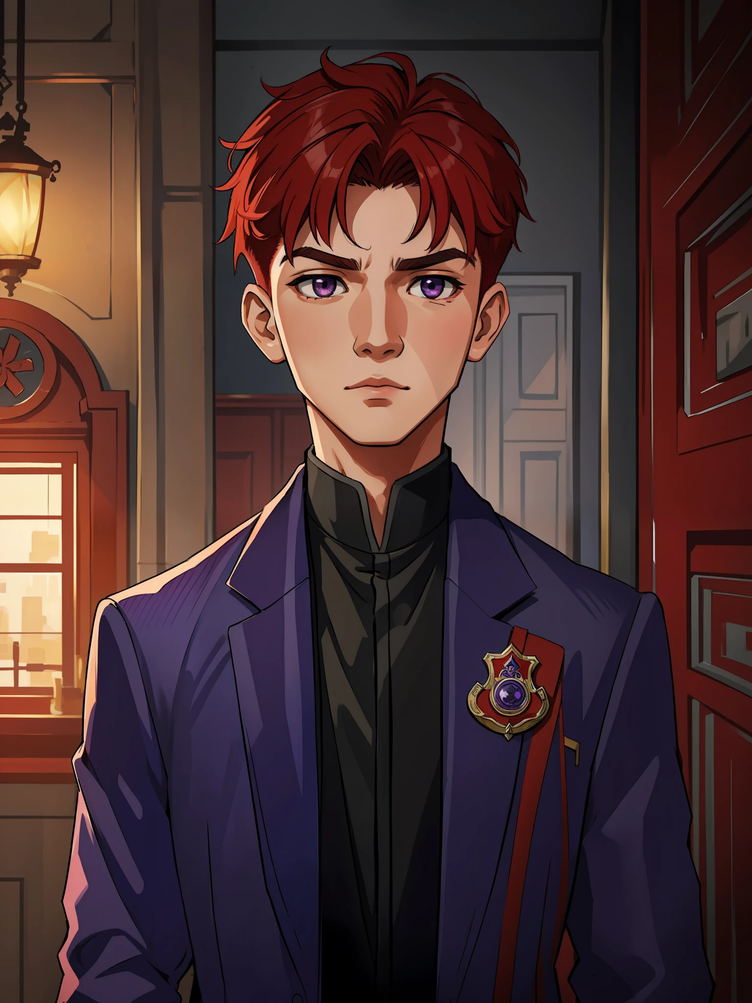 (masterpiece, best quality), intricate details, 8k, artstation, wallpaper, official art, splash art, sharp focus,
1boy, short hair half shaved on the sides, cherry red hair, purple eyes,
Wearing a social suit,
UA Highschool in the background