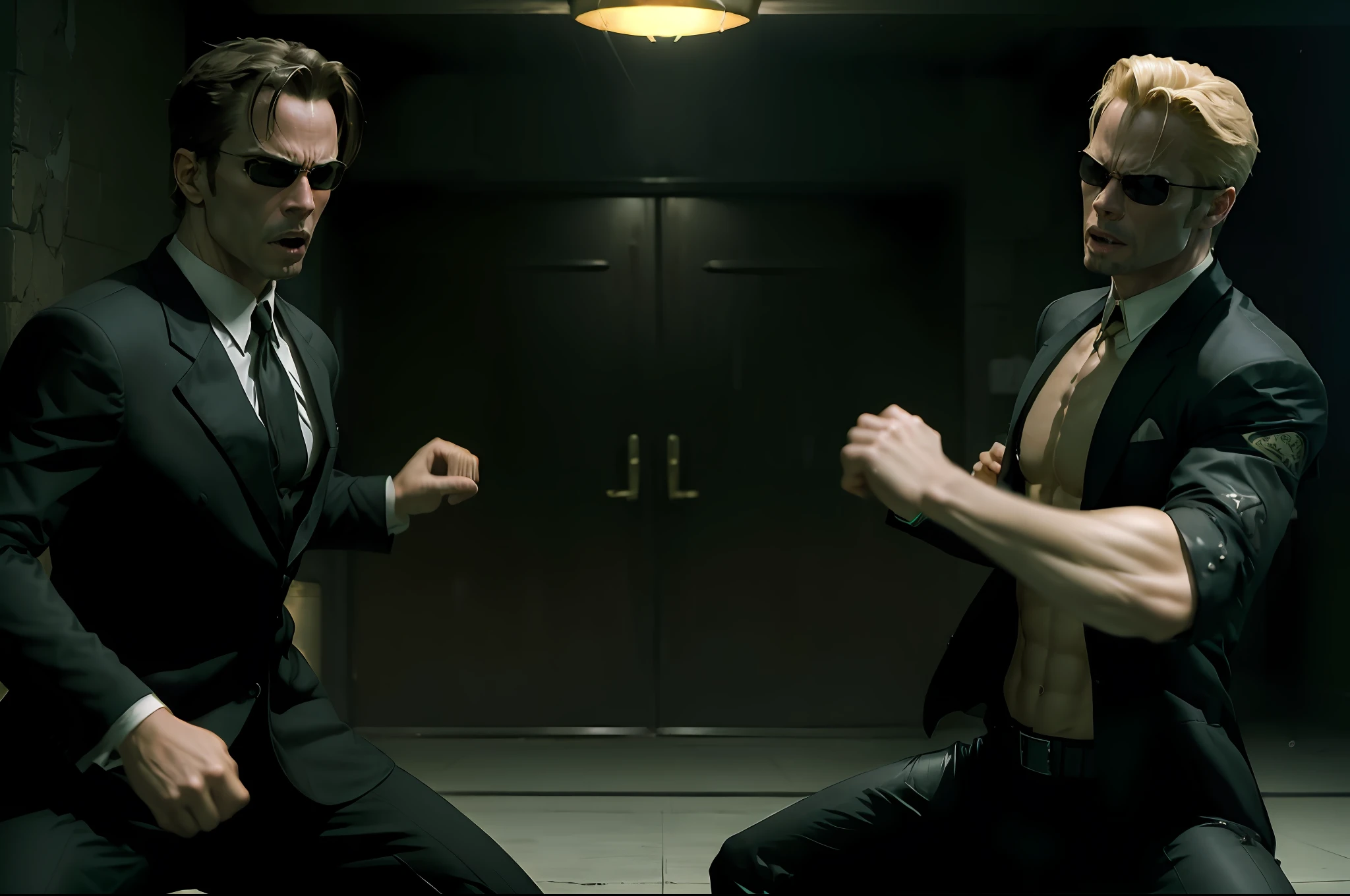 (((kung fu))) ,((best quality)), ((masterpiece)), (detailed), (((suit))) fan art of evil man, there are two suited men fist fighting, evil looking blond GUY PEARCE face, blond GUY PEARCE in a suit with square sunglasses close up, blond GUY PEARCE in a suit angry, blond GUY PEARCE in a suit with squared sunglasses, square sunglasses, the matrix (1999), square sunglasses, night, 80mm, ((western animation)), (neo the matrix (1999)), (short hair), ((combat)), (((kung fu)))