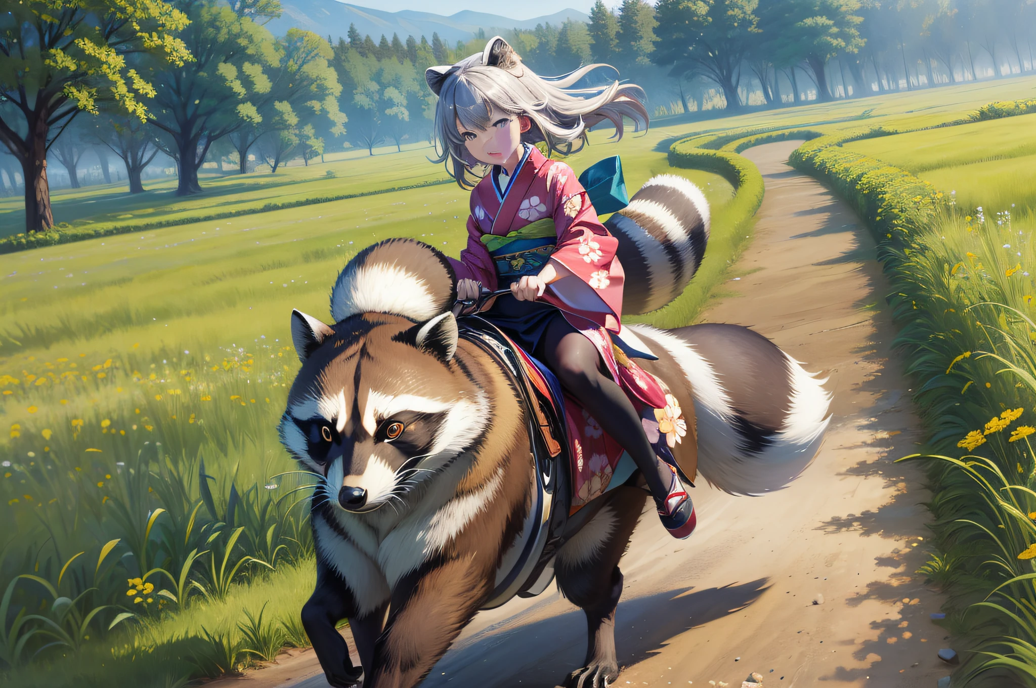 Girl in kimono riding a big raccoon and running through the meadow