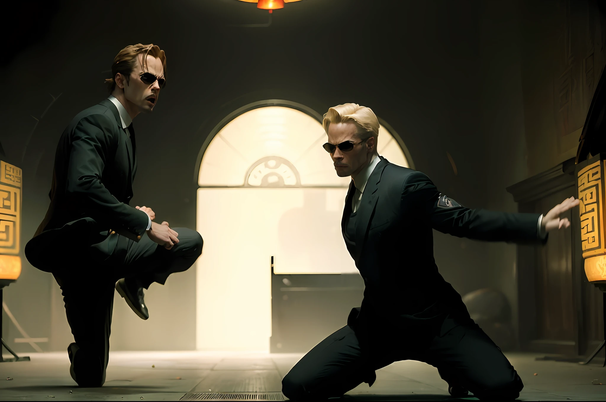 (((kung fu))) ,((best quality)), ((masterpiece)), (detailed), (((suit))) fan art of evil man, there are two people fist fighting, evil looking blond GUY PEARCE face, blond GUY PEARCE in a suit with square sunglasses close up, blond GUY PEARCE in a suit angry, blond GUY PEARCE in a suit with squared sunglasses, square sunglasses, the matrix (1999), square sunglasses, night, 80mm, ((western animation)), (neo the matrix (1999)), (short hair), ((combat)), (((kung fu)))