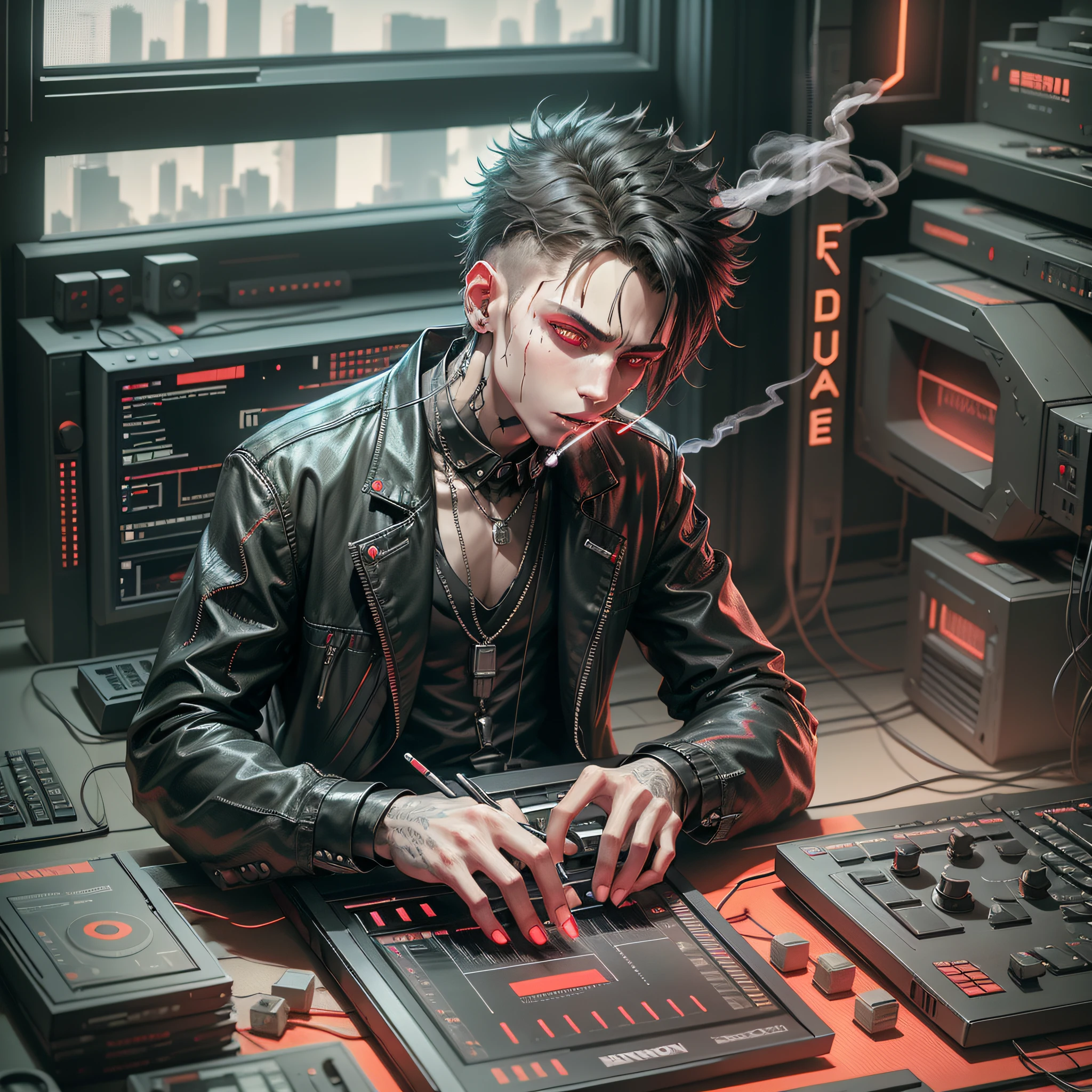 demon boy producing a song on a computer, big futuristic monitor, neon room, smoking a cigarette, vampire, all in black, black clothes, red eyes, trap producer, city view from window --auto --s2