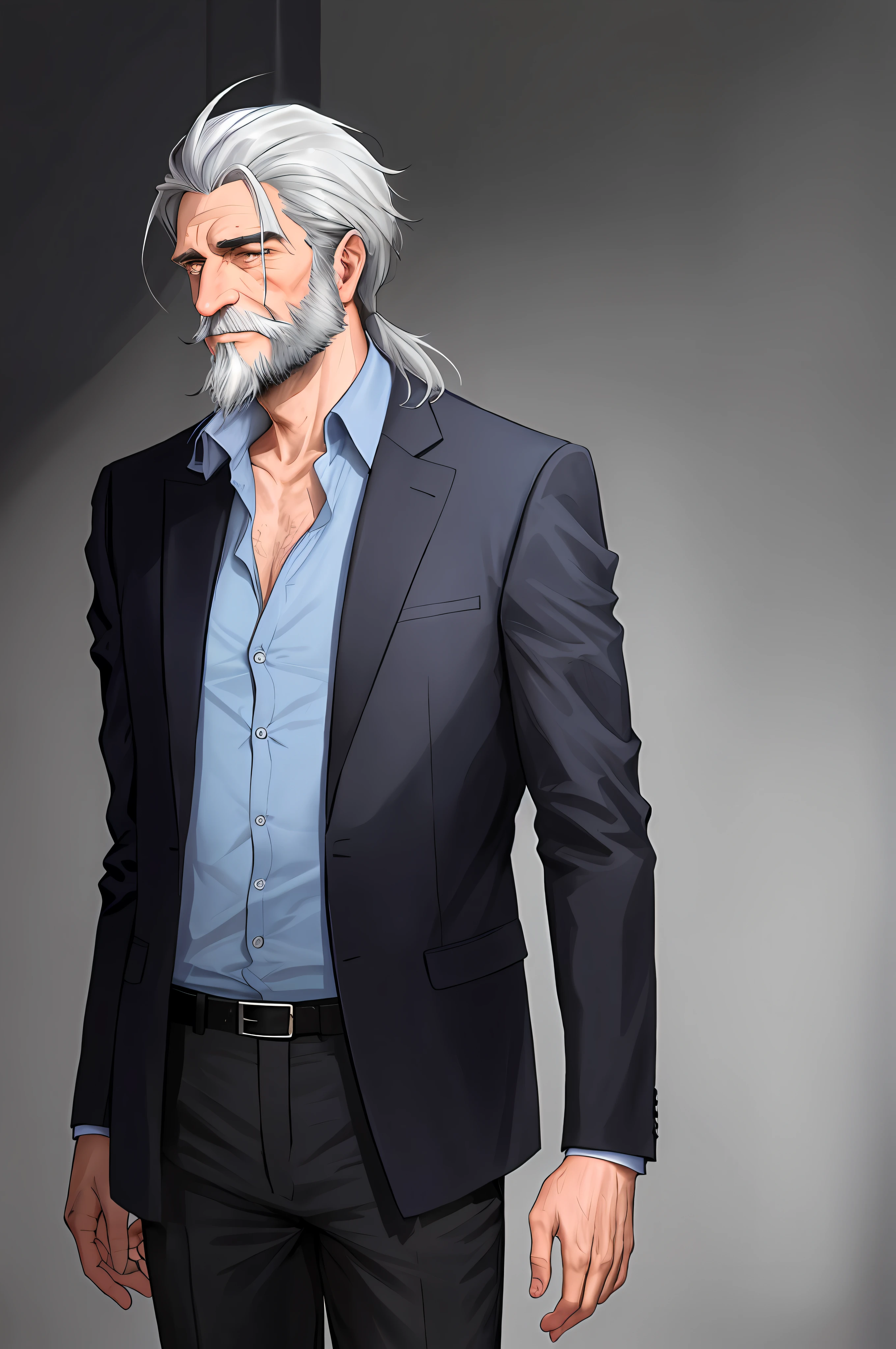 1 ill-dressed man, wearing a faded blue shirt, long-sleeved, with black sleeves, crumpled black blazer, black pants, gray hair around the ear, a little long and disheveled, relatively long beard, dry skin and with wrinkles bumpy in the contours of the eyes and the creases of the face, between thirty and forty years, happy
