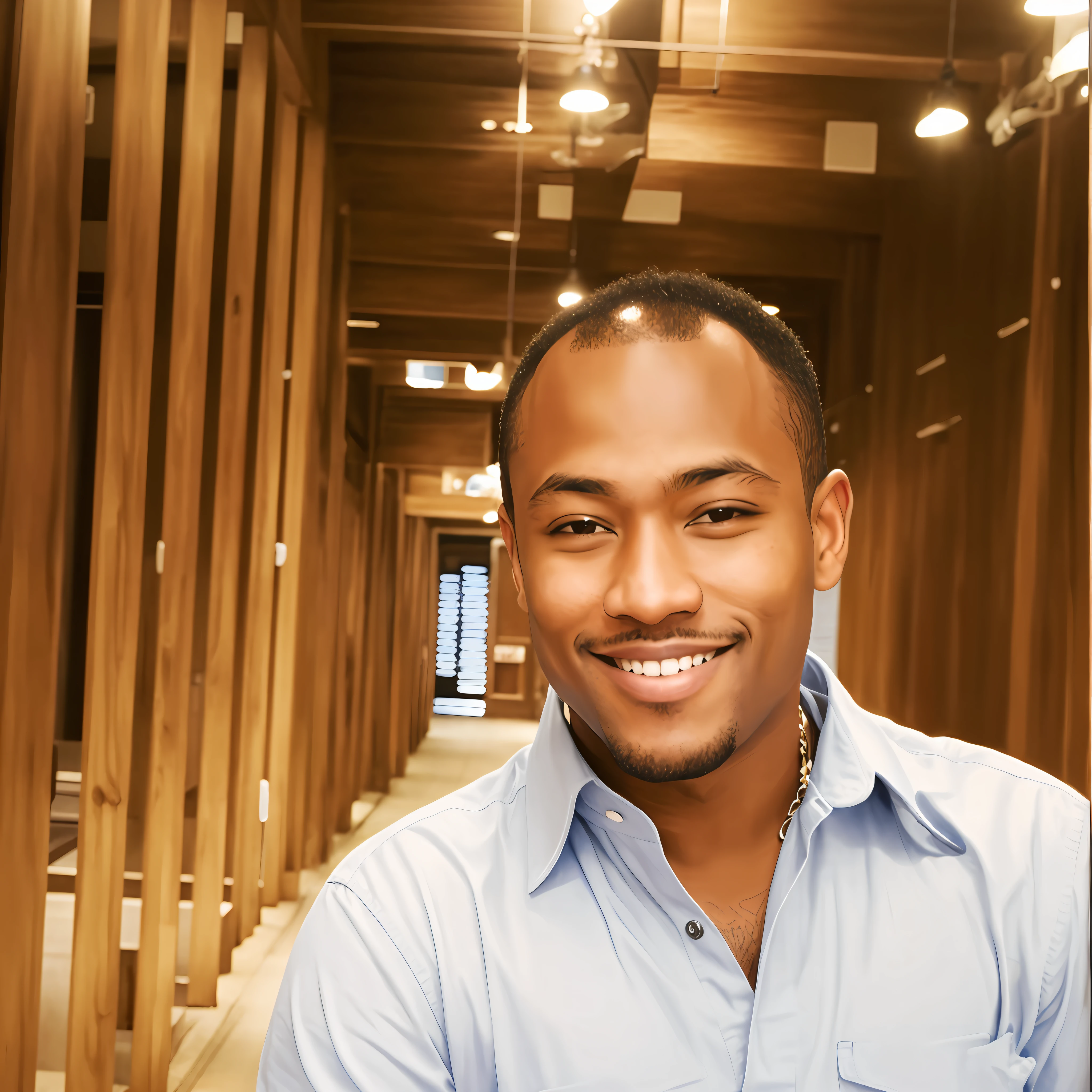 smiling man in a blue shirt in a hallway with wooden walls, profile picture, rodney matthew, david uzochukwu, brown-skinned man with a giant smile, with a happy expression, profile picture, richard sigamani, profile picture, looking happy, by Robert Lee Eskridge, very slightly smiling, serene smile, by Leonard Daniels, astor alexande,  realistic, disney style, bright white teeth, bald