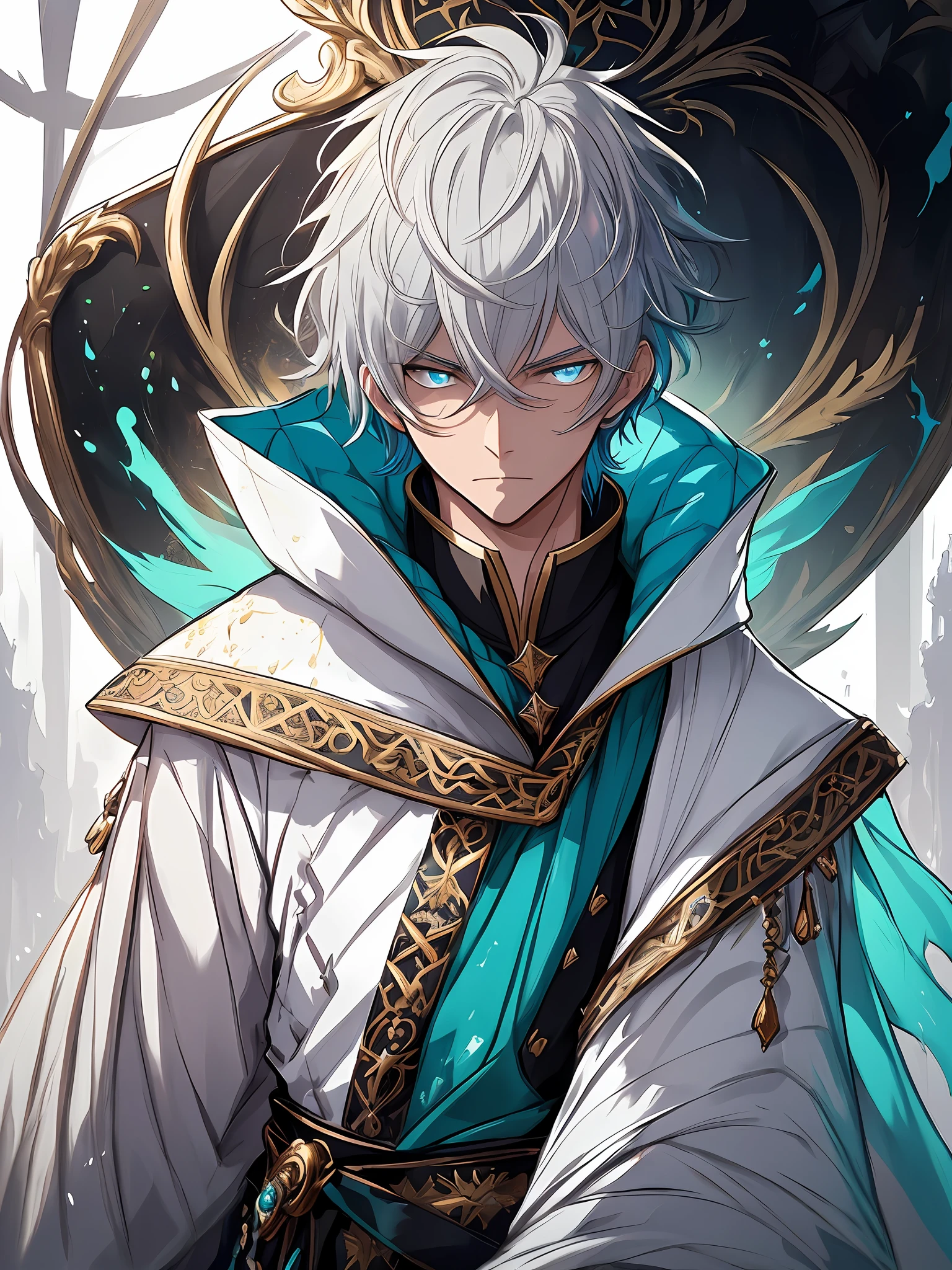An image of noble prince, clean design, epic instagram, artstation, colorful paint splatter, silhouette, hyper detailed intricate details, unreal engine, fantasy, intricate details, splash screen, complementary colors, Fantasy concept art, 8k resolution, deviantart masterpiece, oil painting, heavy strokes, paint dripping, (isolated on white background: 1.3), rainbow skin, (((handsome young man))), ((age:1.5) ), (glowing blue eyes), ((light eyes)), ((((short white hair: 1.1))), ((black clothes)), (prince\\(indifferent expression\\),, ( ((Wears high detail luxurious regal attire))), white hair, (chest) --v 6