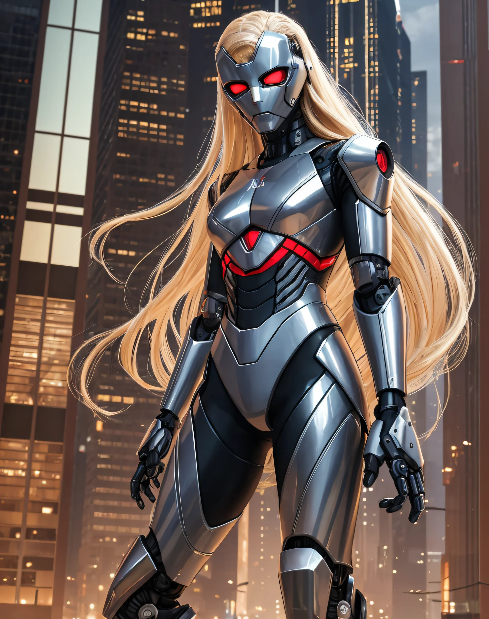 Man two faces, half normal and young, full body, half robot, looks intimidating, wearing metallic clothes, long hair, looking forward, realistic style HD, Walláér