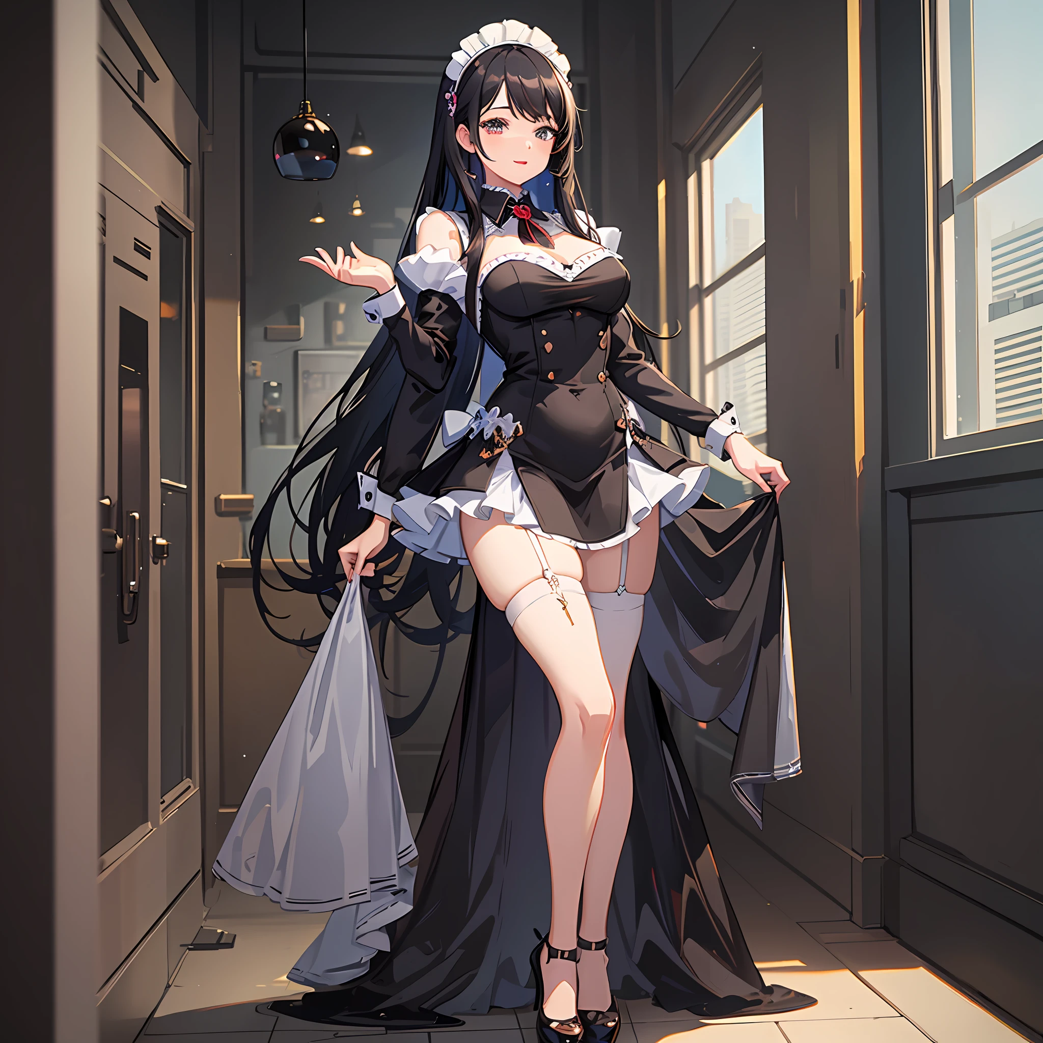 woman, hot maid, black hair, long hair, happy, beat quality, full body, indoors, Surrealism, cinematic lighting, HD, 8k, UHD, super detail, anime, cute, maid costume