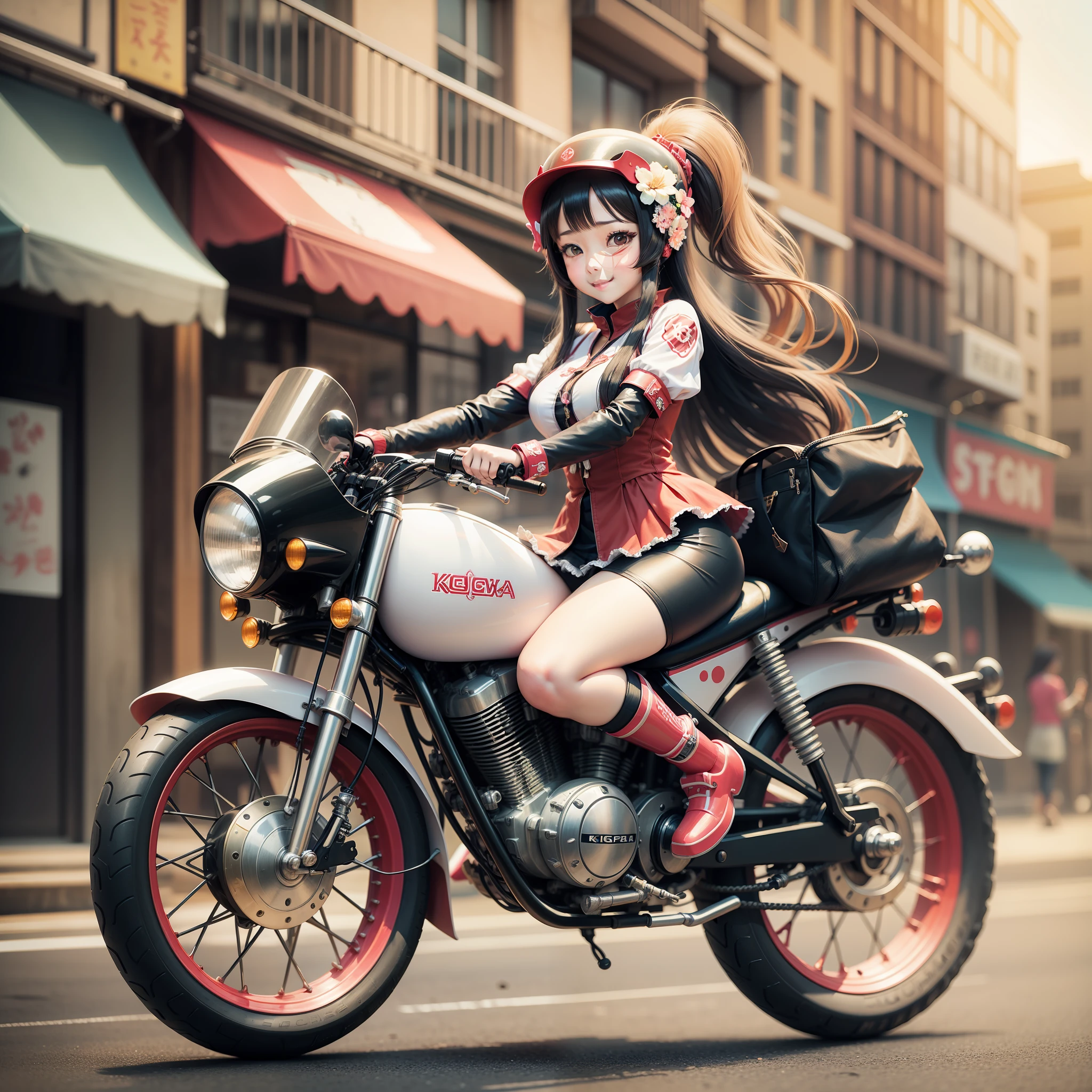 Kaguya, smile , kawaii, Accessories, Doll riding  a motorcycle around the city, in summer