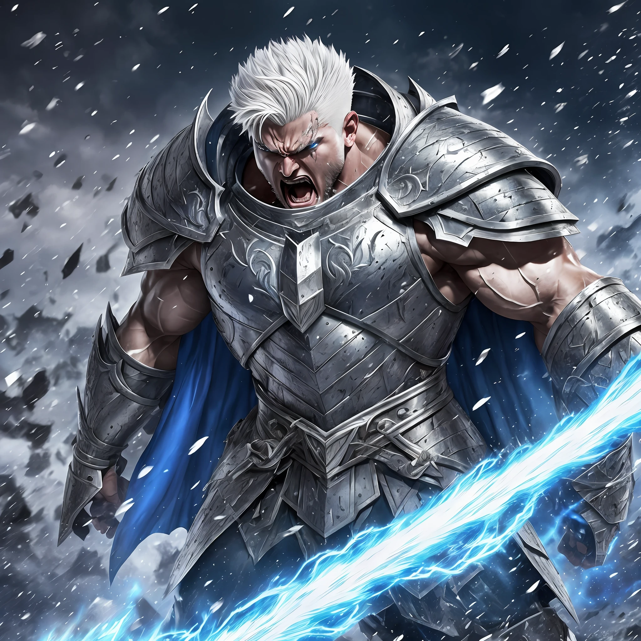 Young giant man muscular wide,
short white hair shaved on the sides rage, berserk, wearing silver armor destroyed, blue cape torn, battle damage, bleeding, angry, screaming, fury, on the battlefield, realistic, full hd, best quality