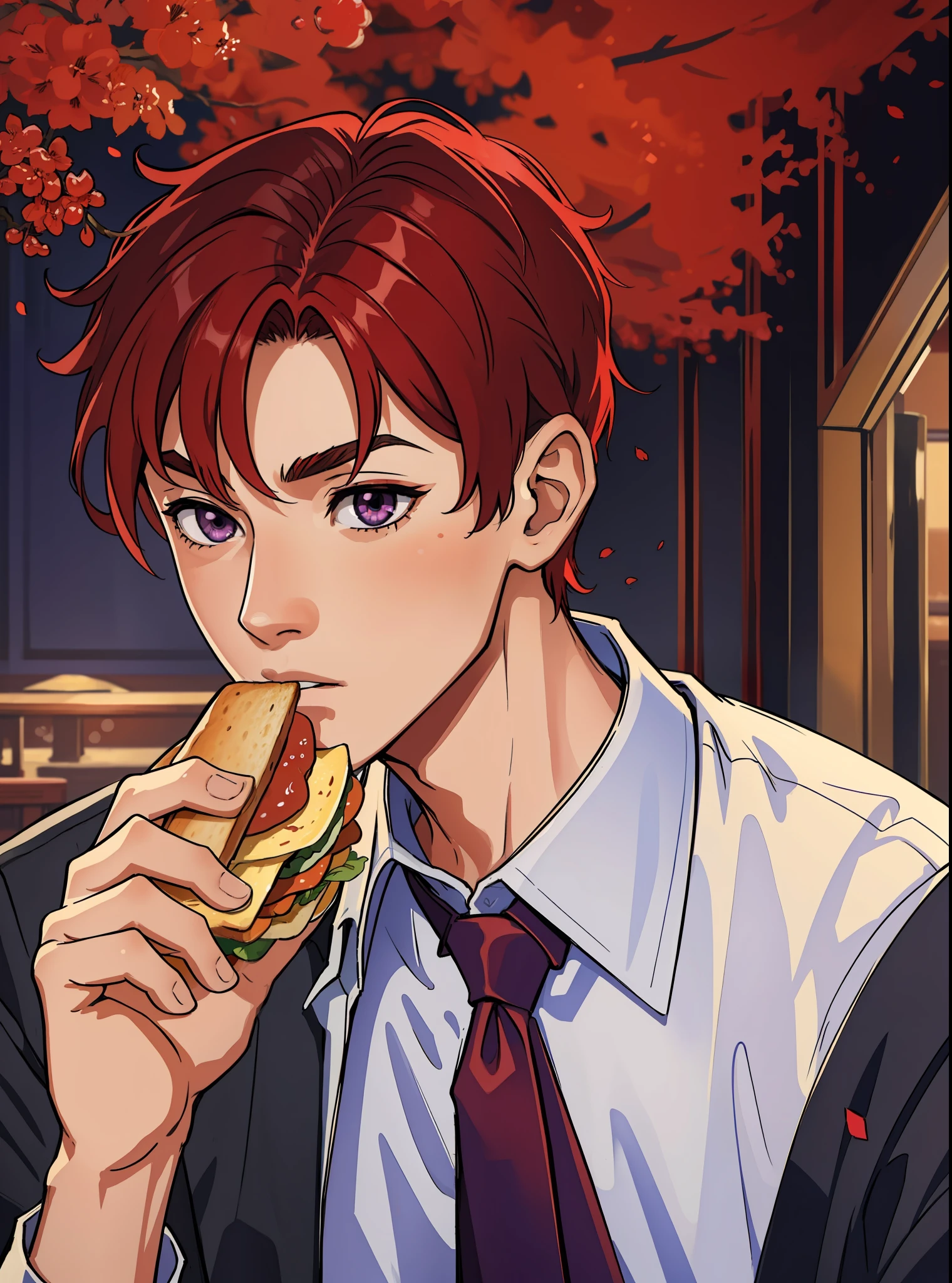 (masterpiece, best quality), intricate details, 8k, artstation, wallpaper, official art, splash art, sharp focus,
1boy, short hair, cherry red hair, purple eyes,
Wearing a dress shirt, with a sandwich in hand
UA Highschool in the background