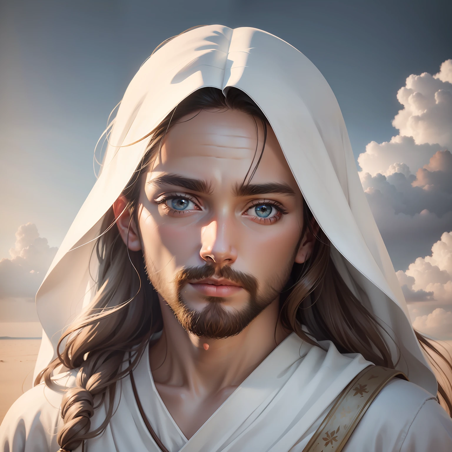 Jesus Christ in bright white clothing, realistic style, photorealistic, ultra detailed, serene look, sky background, 8K