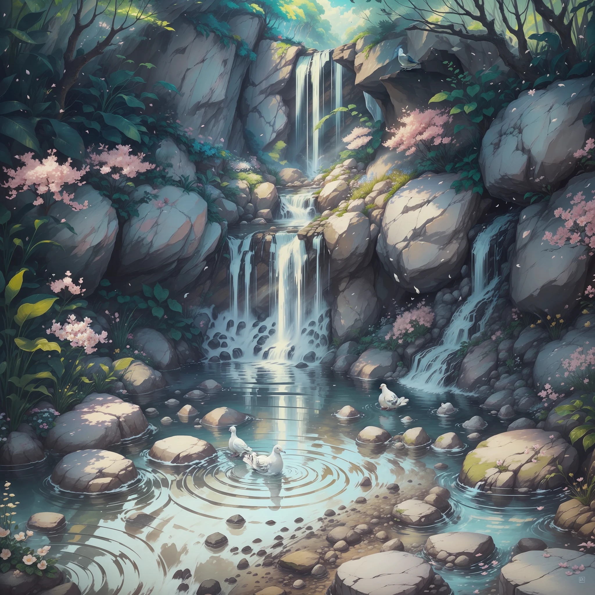 A white pigeon is perched on a rock near a magnificent waterfall. The crystal clear water cascades down, creating a gentle mist that surrounds the scenery. Around the waterfall, a garden filled with vibrant flowers stretches, creating a contrast of vibrant colors. The sound of moving water and the singing of birds convey a sense of serenity and tranquility. The pigeon, symbol of peace, is in perfect harmony with the nature around it, bringing a sense of calm and renewal.