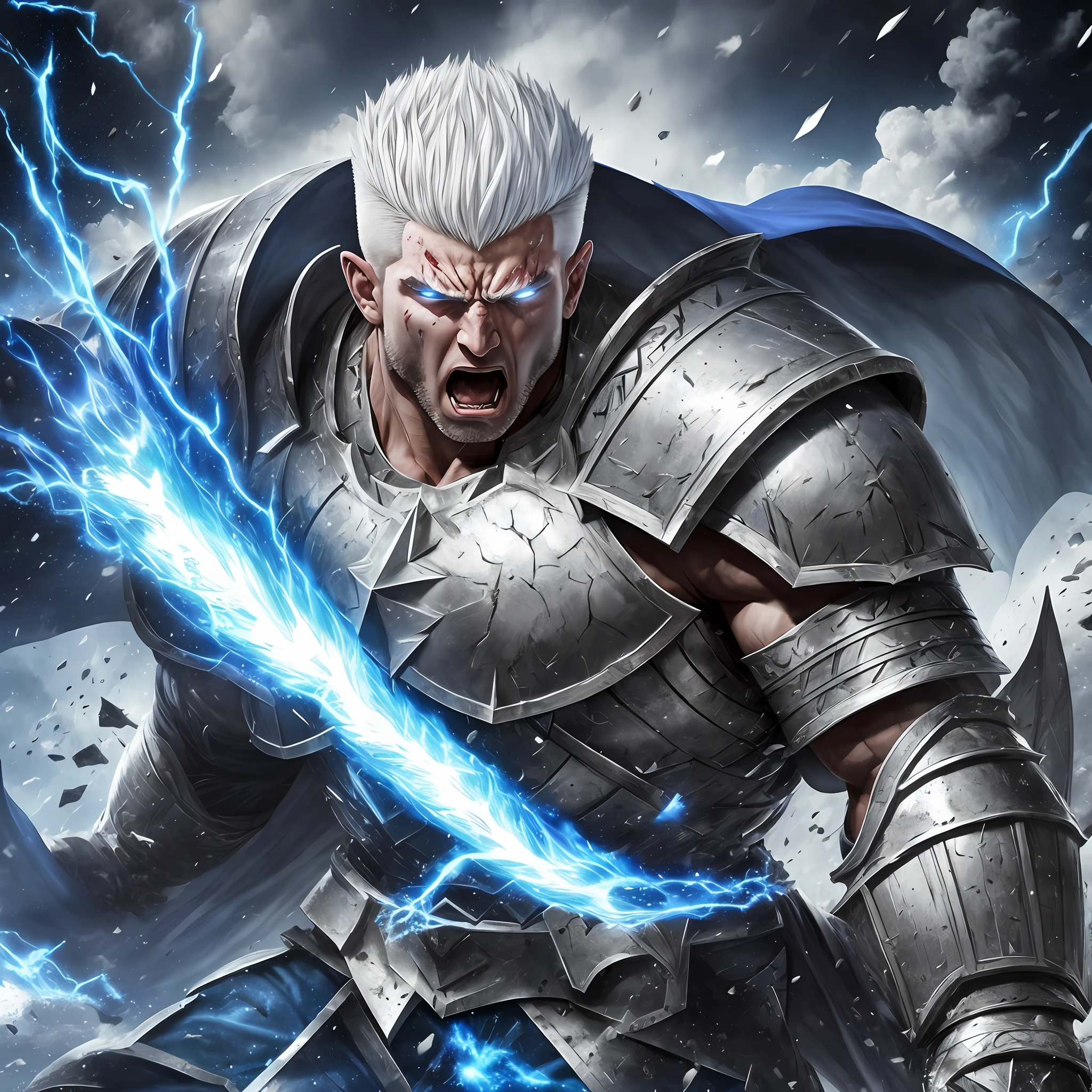 Young giant man muscular wide,
short white hair shaved on the sides rage, berserk, wearing silver armor destroyed, blue cape torn, battle damage, bleeding, angry, screaming, fury, on the battlefield, realistic, full hd, best quality
