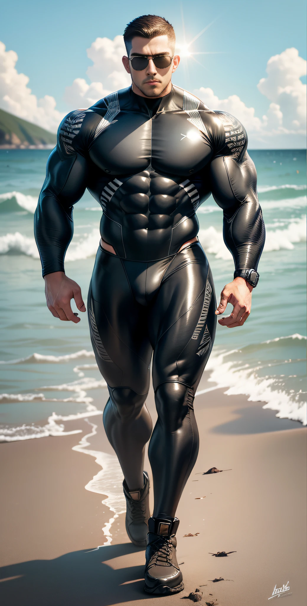 Allad man in khaki clothes standing on the sunny seashore, American round head, Buzz cut, tall and burly, muscular male hero, heroic male pose, muscular! Wearing black sunglasses, spandex tight high-elastic bodysuit, symmetrical floral design, super gain and cool, high resolution committee, character design police, black military boots, attractive strong male with spandex tight high-elastic bodysuit, weaving bright sunlight on the body, Li Xiaoxiao